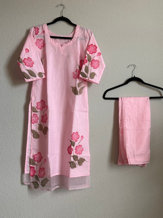 Light Pink Organza Handpainted Coord Set