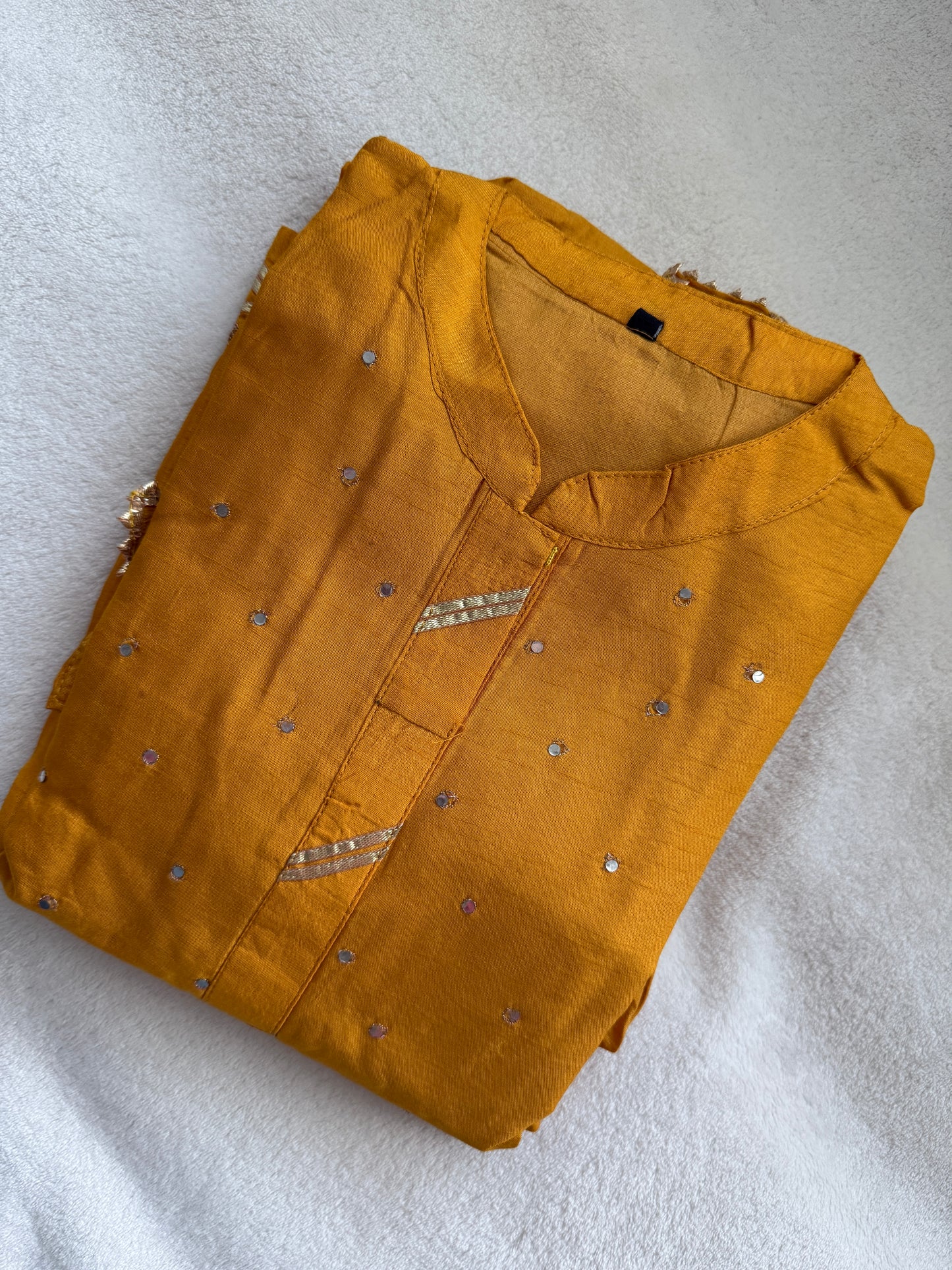 Beautiful dola silk mirror work yellow kurti set