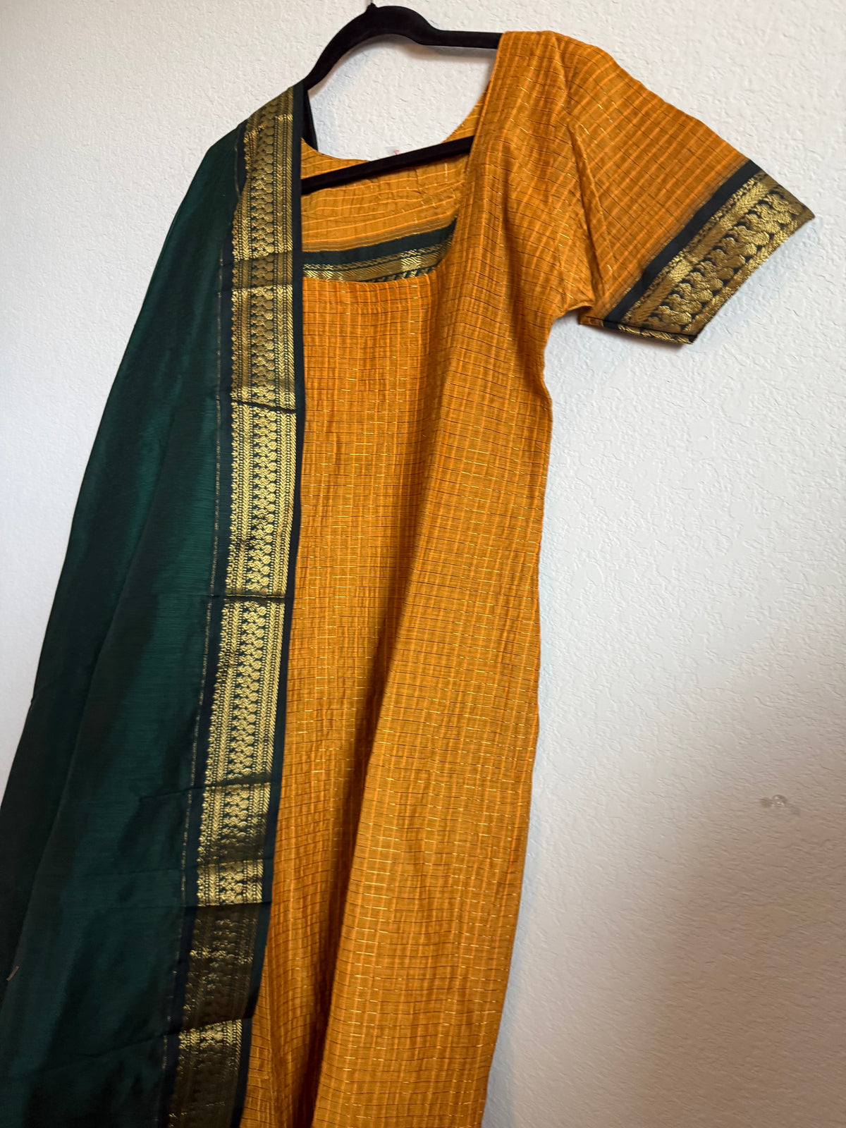 Yellow with Green Handloom Checks Top and Dupatta Set