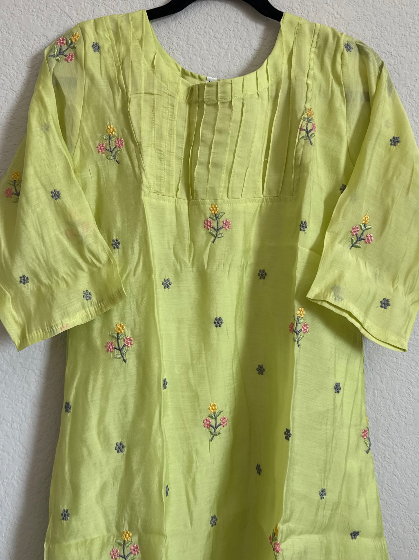 Green Floral Embroidered Mul Chanderi A-line Kurti