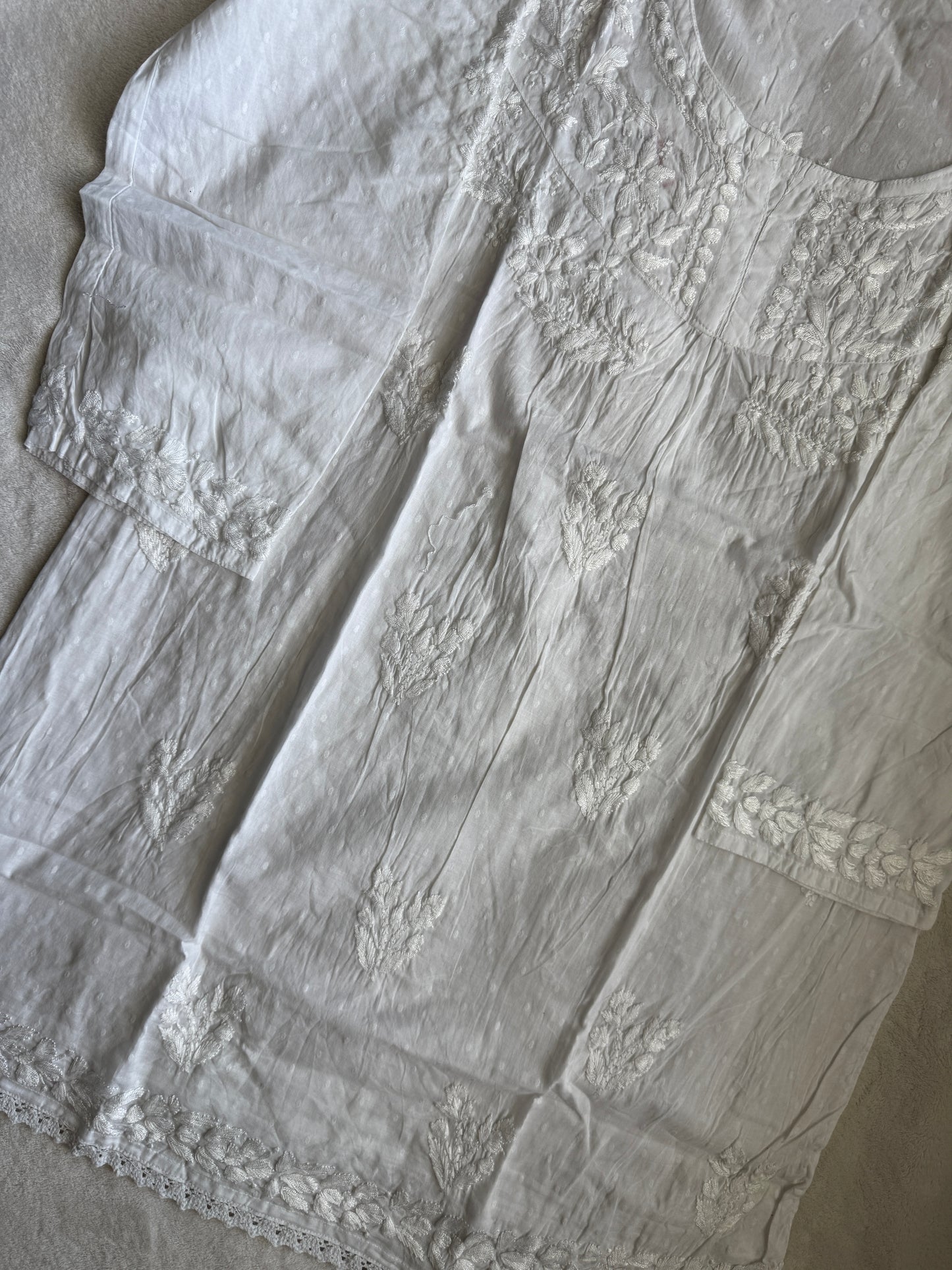 White dolby cotton chikankari short kurti
