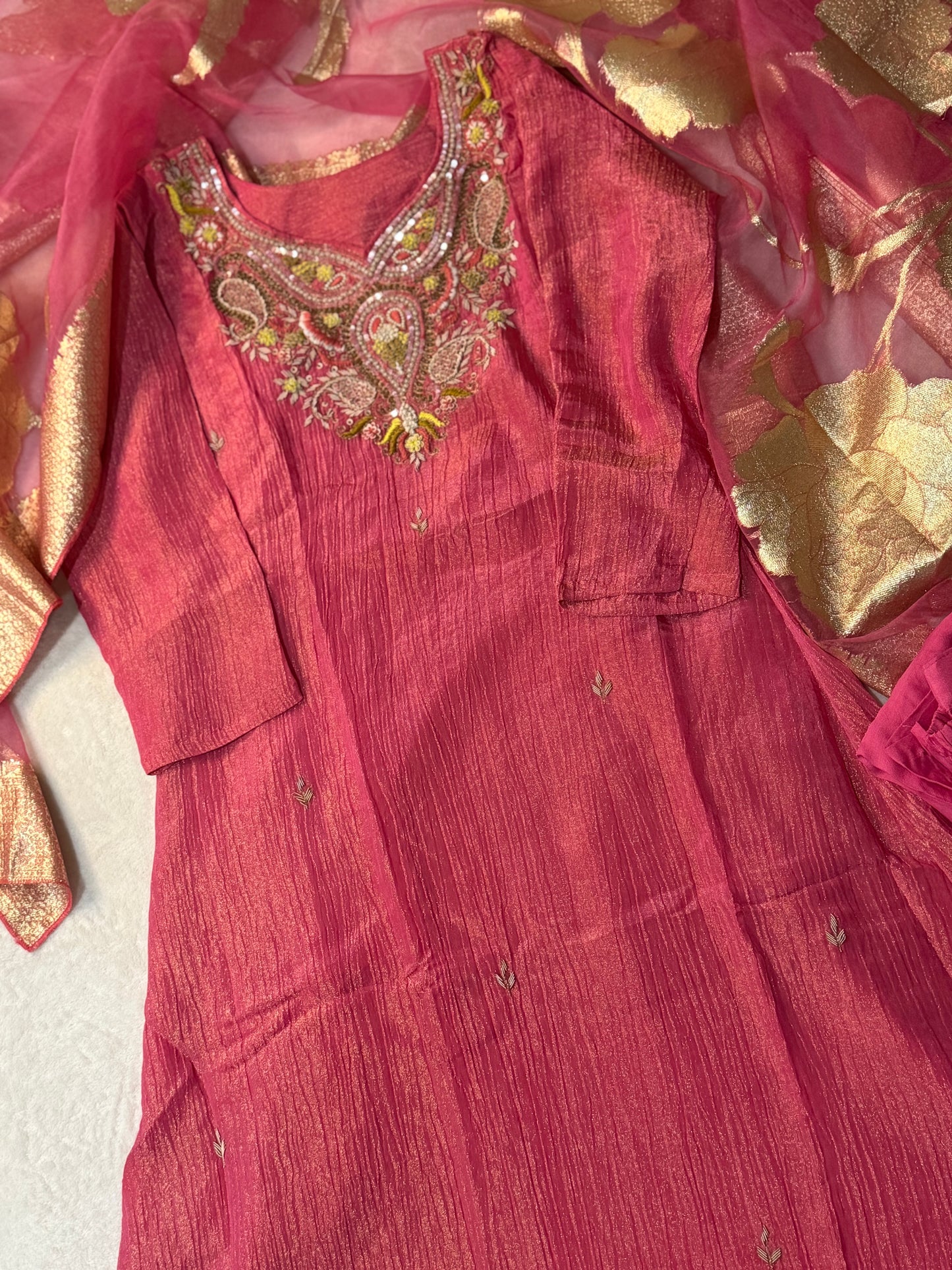 Pink shade crush tissue A-line kurti set with gorgeous banarasi dupatta