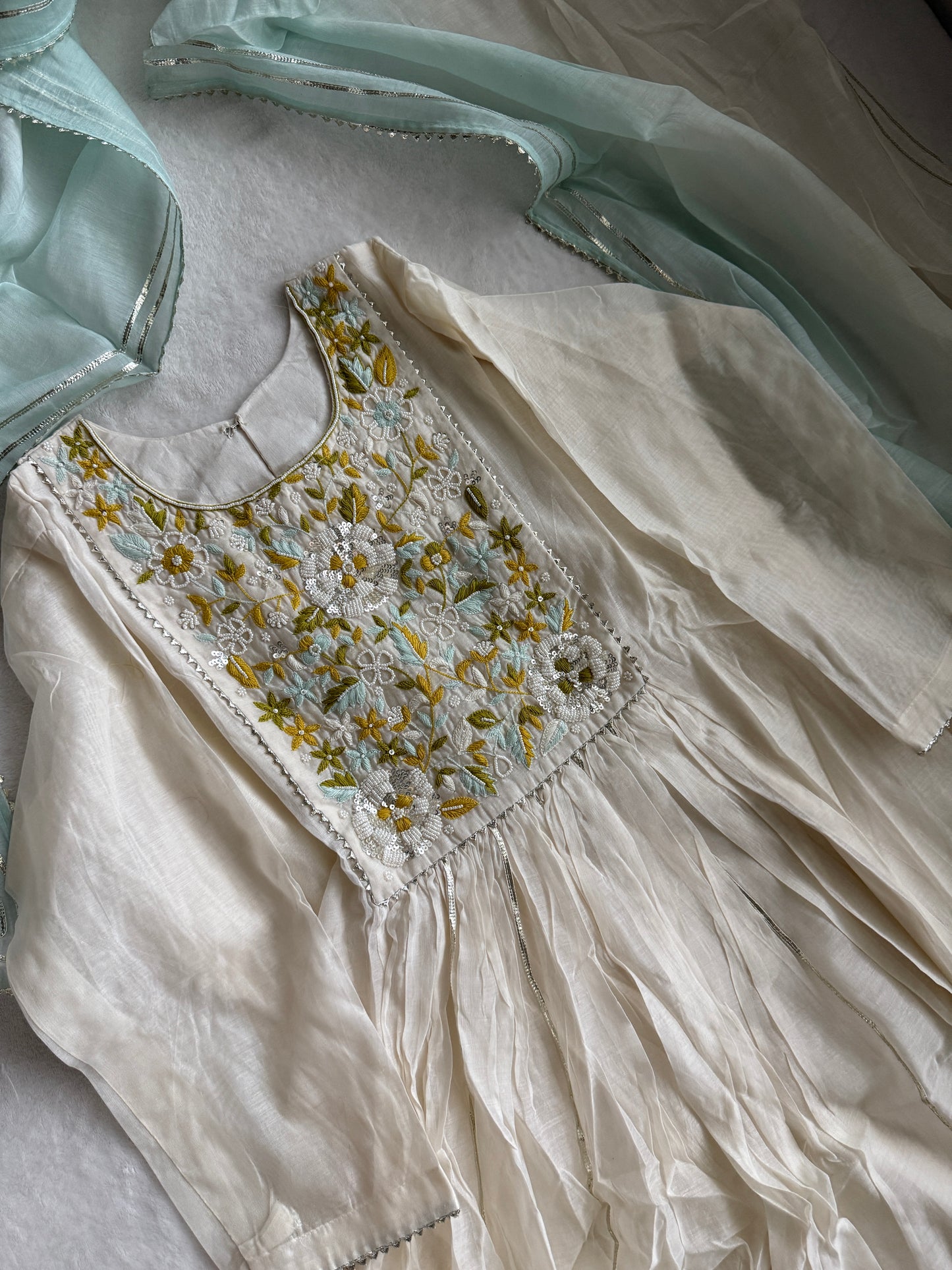Ivory Mul Chanderi Anarkali Kurti Set – Elegant & Lightweight Festive Wear