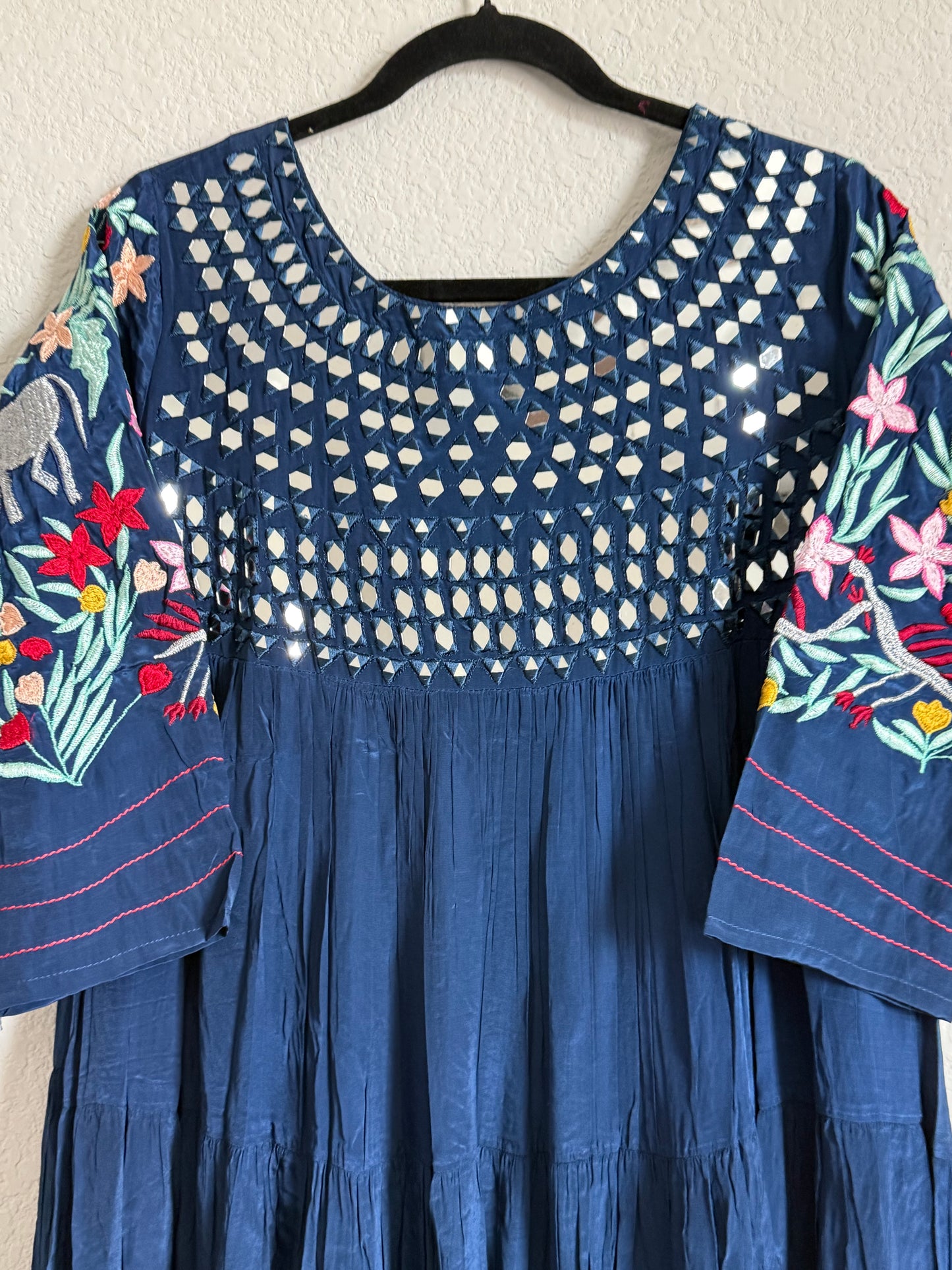 Navy Blue Heavy mirror work chinnon embroidered gown