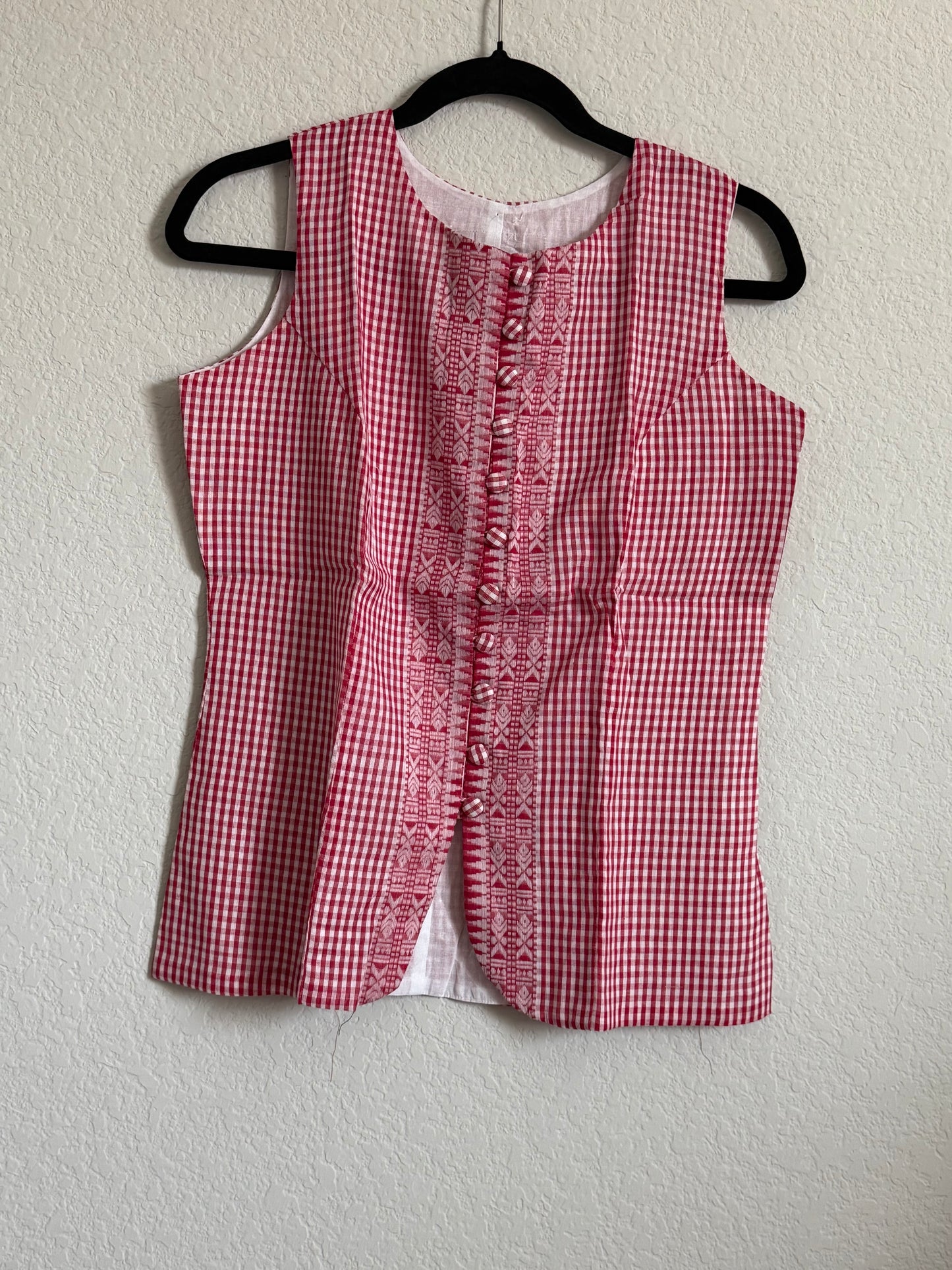 Red Cotton Checks Sleeveless Short Top