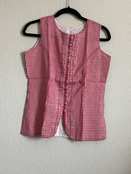 Red Cotton Checks Sleeveless Short Top