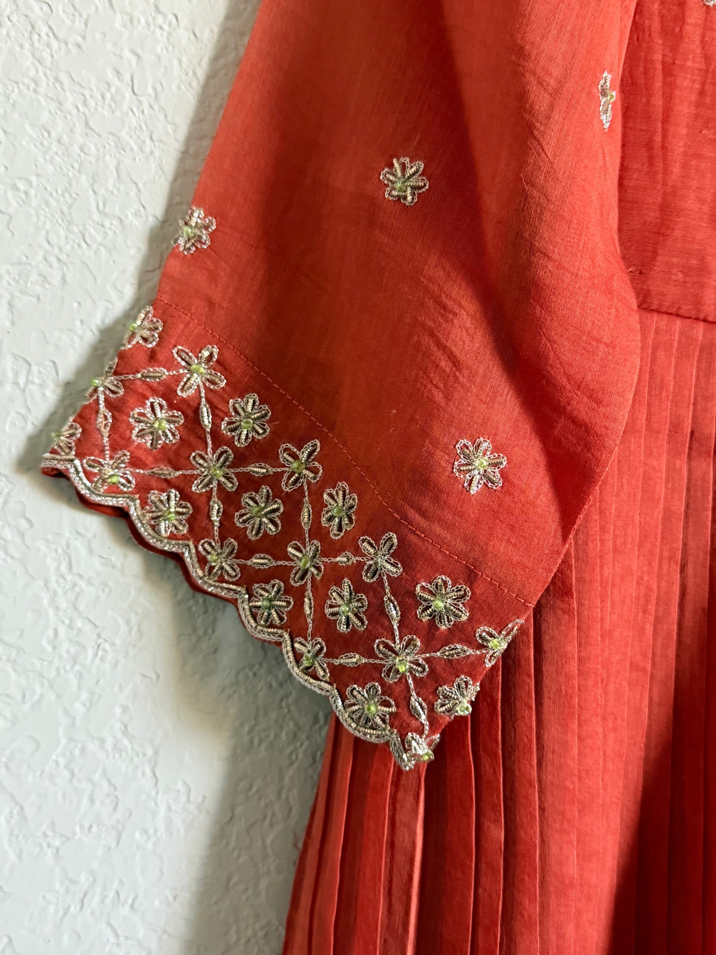 Rust Orange Mul Chanderi Handwork Designer Dress