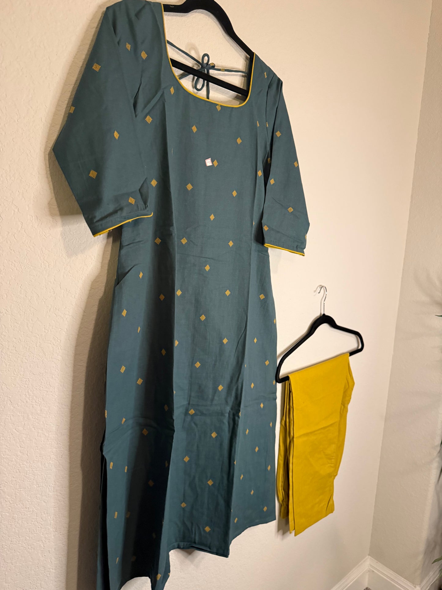 Green and Yellow Cotton A-line Customized Coord Set