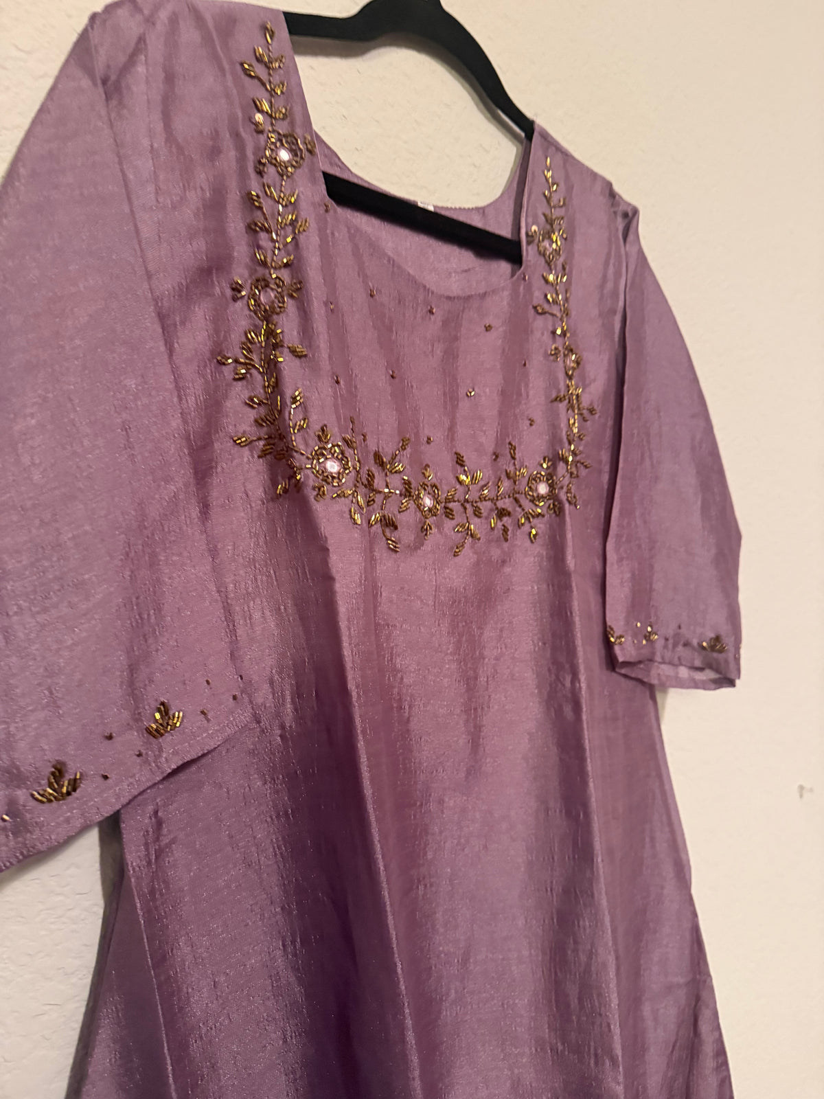 Mauve Vichitra Silk A-line Handwork Festive Kurti