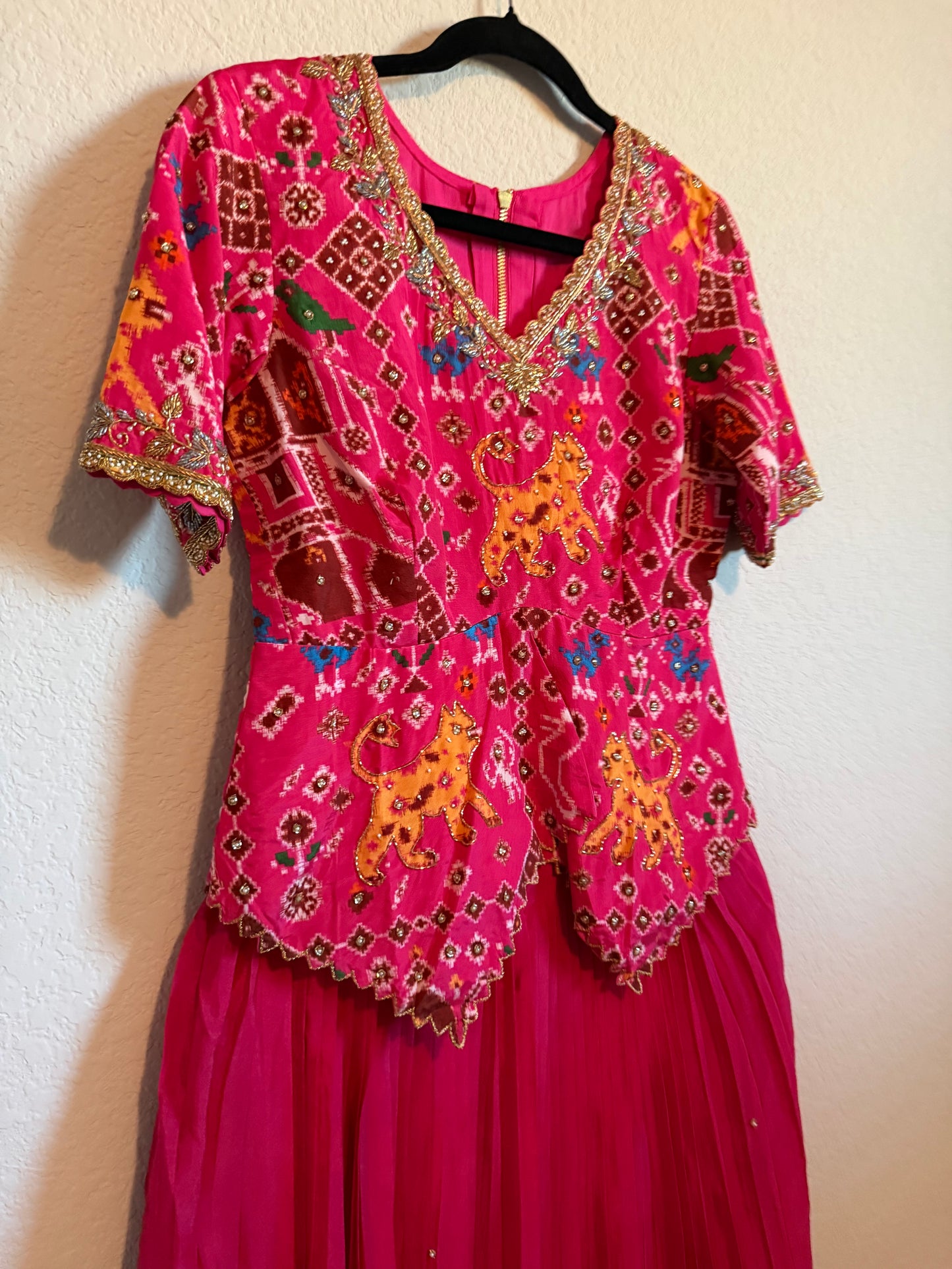 Pink Pure Patola Diamond Cut Pattern Peplum Top with Skirt Set