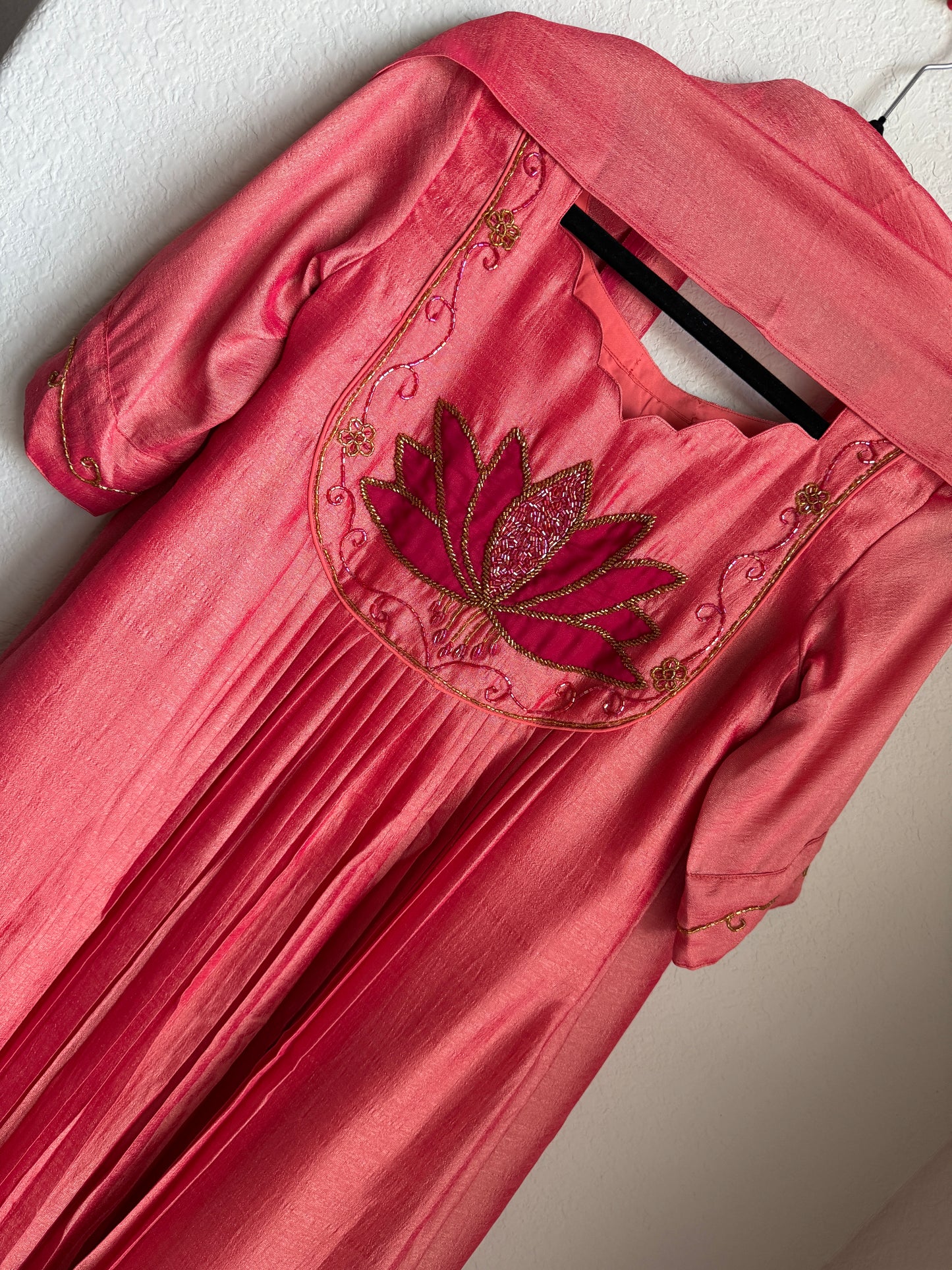 Peach shade lotus handwork customized anarkali set