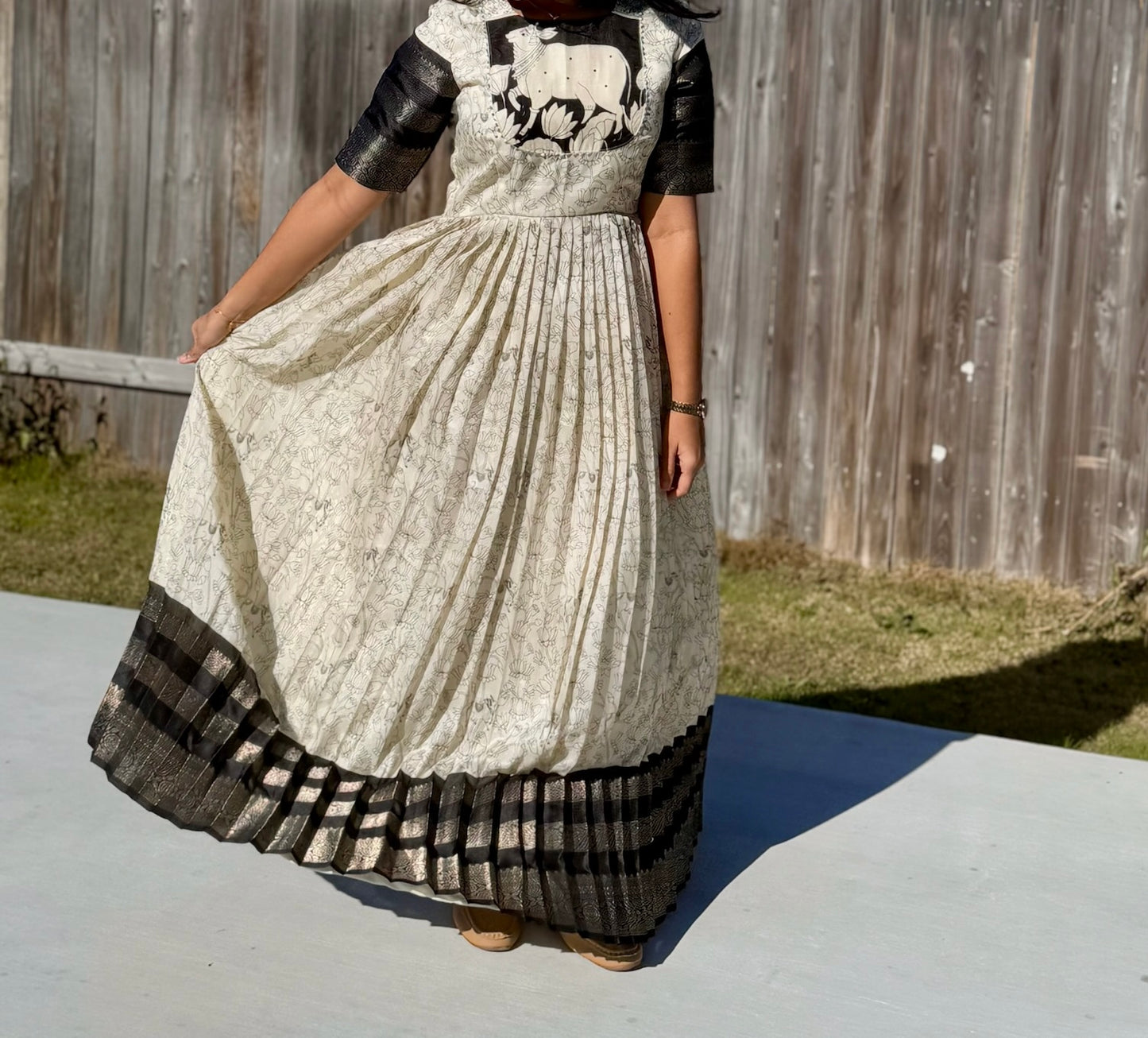 Black and white pichwai kalamkari pleated anarkali with net dupatta