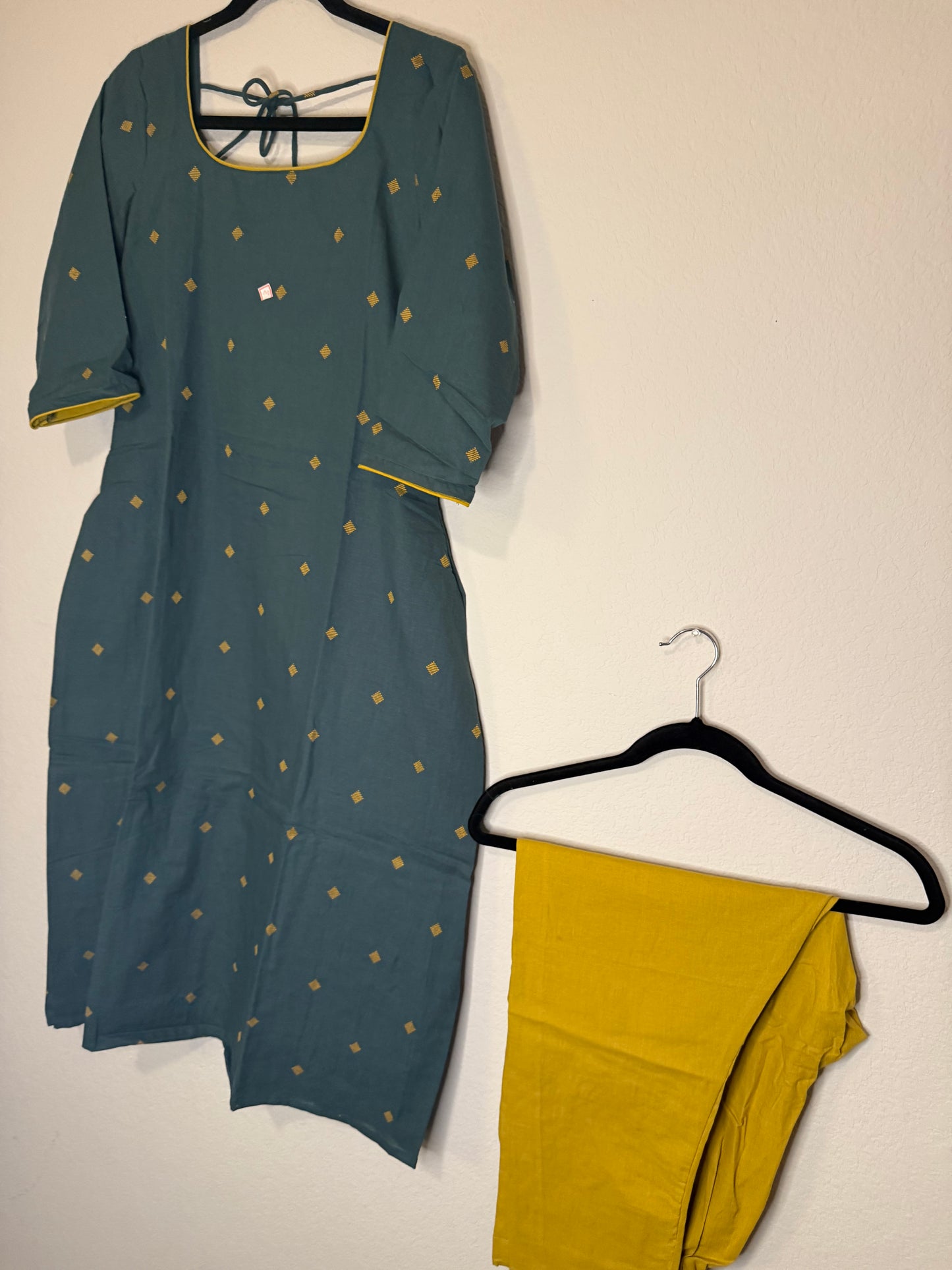 Green and Yellow Cotton A-line Customized Coord Set