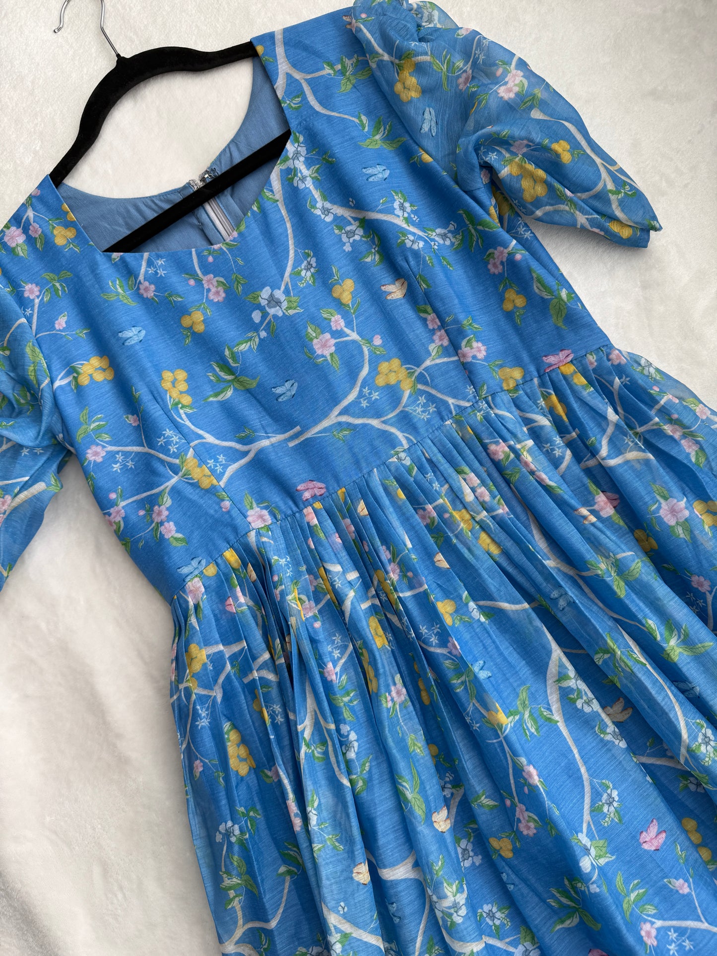 Blue floral mul chanderi midi dress