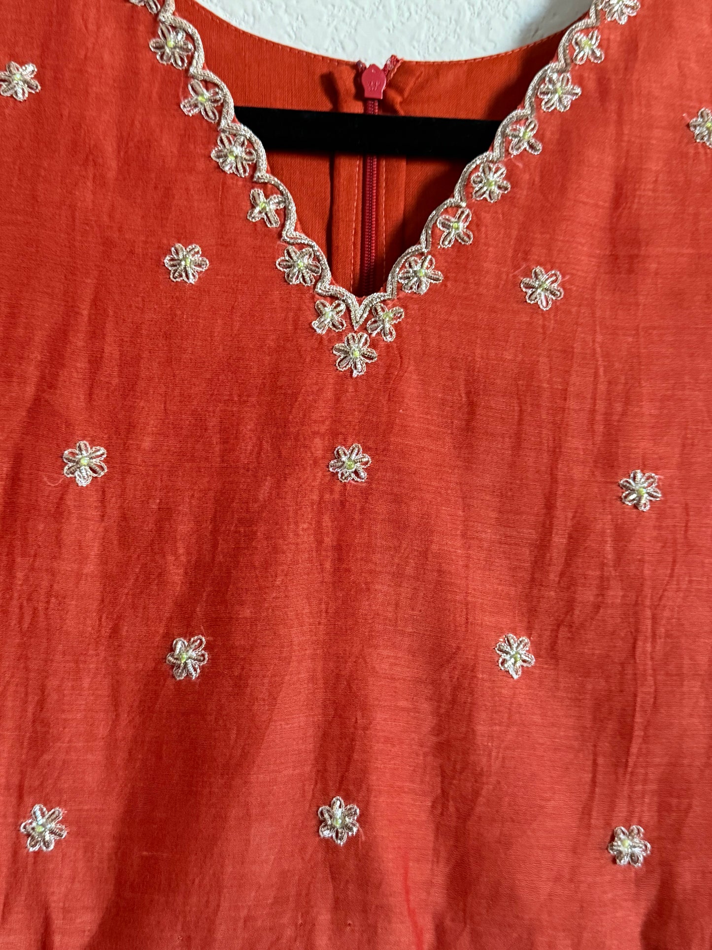 Rust Orange Mul Chanderi Handwork Designer Dress