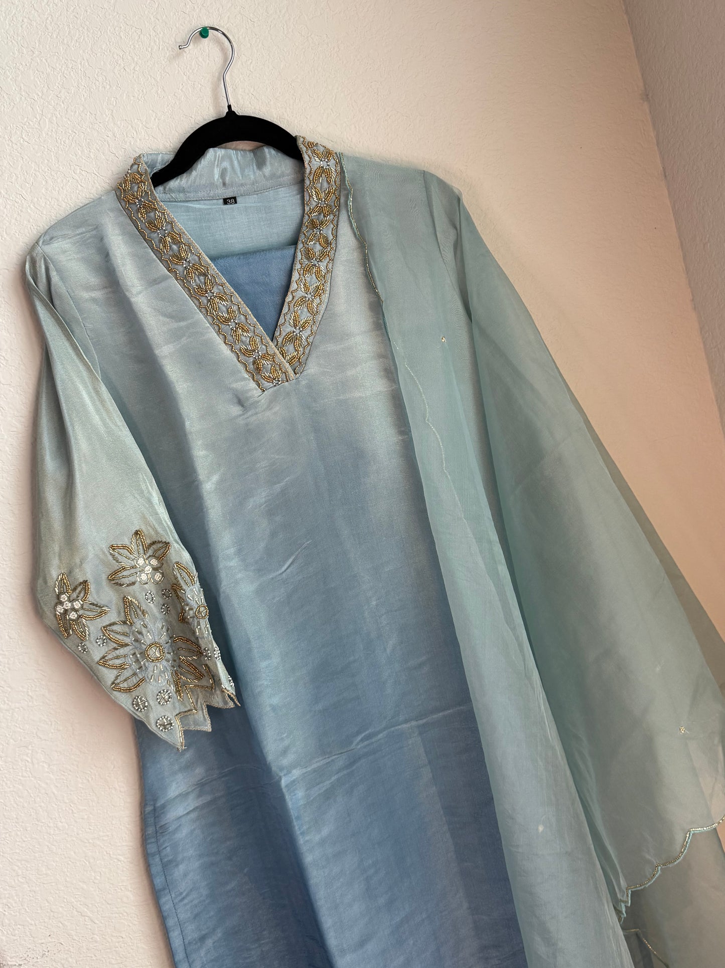 Sea blue pure tissue handwork A-line suit set with a beatiful sleeve detailing