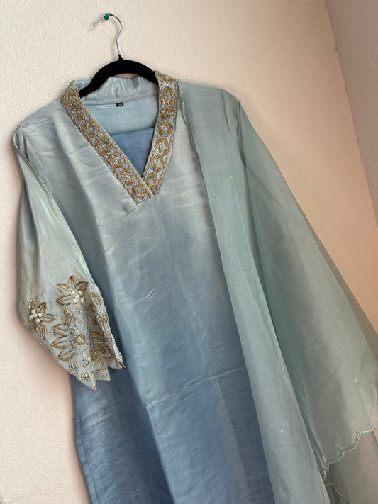 Sea blue pure tissue handwork A-line suit set with a beatiful sleeve detailing