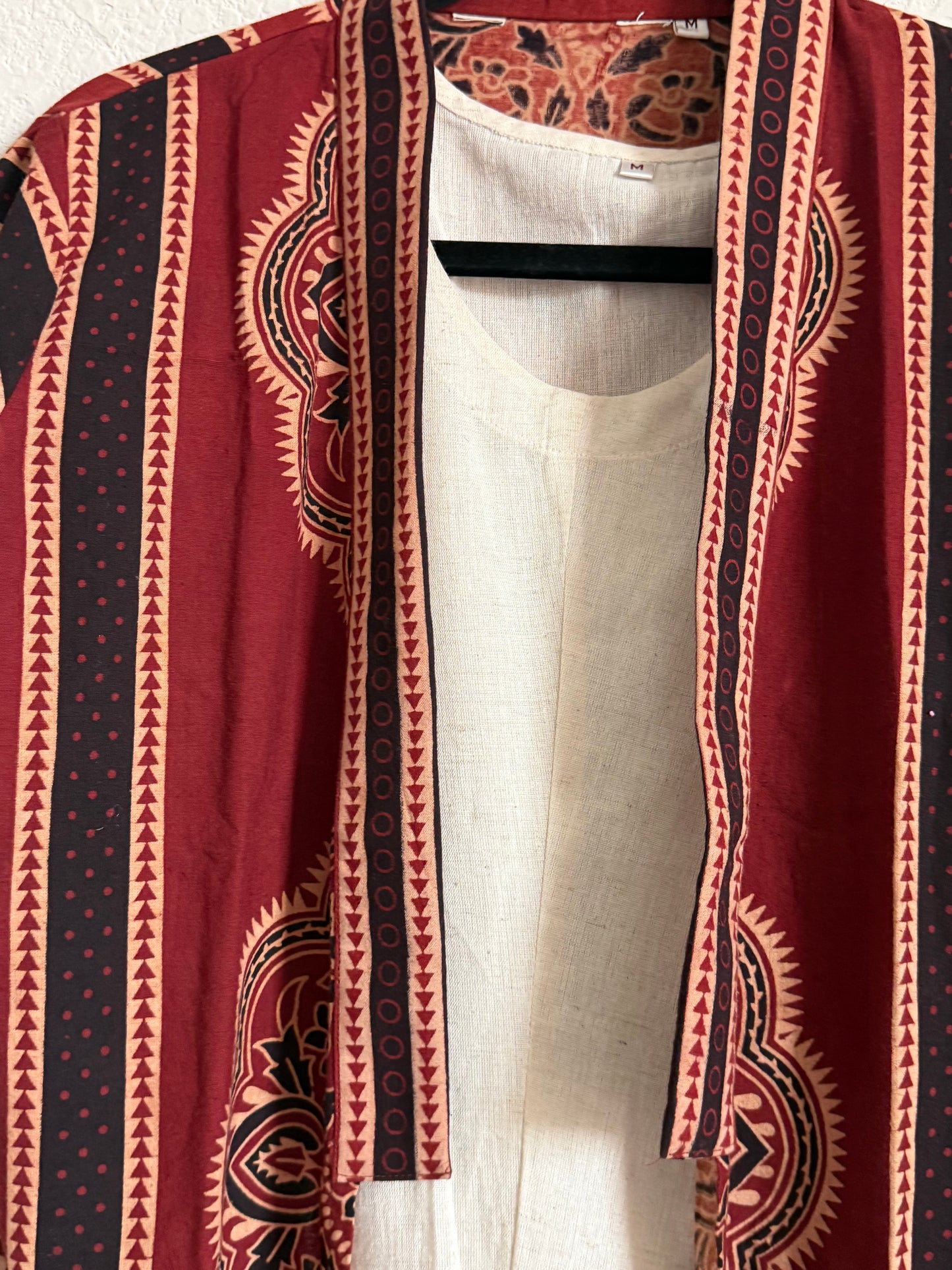 Maroon Ajrakh Coat Model Dress with Half White Cotton Sleeveless Inner