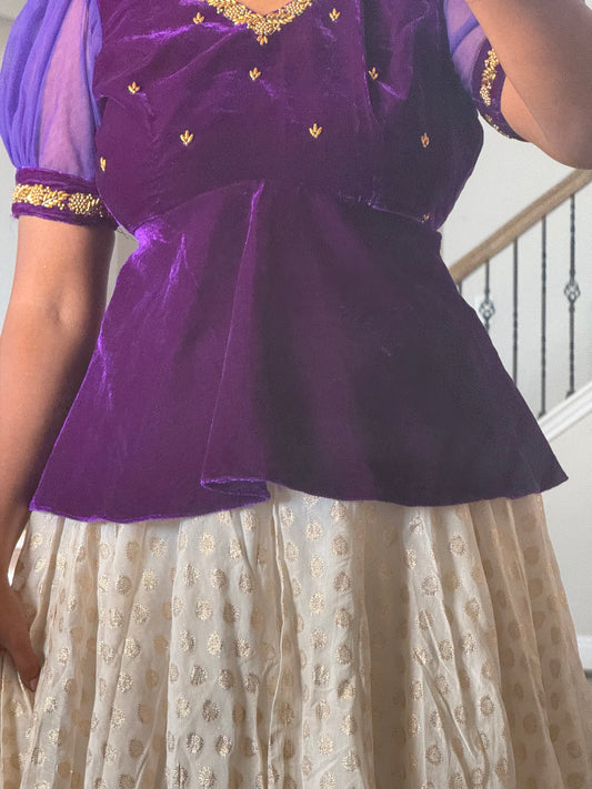 Purple Velvet peplum top with banarasi skirt