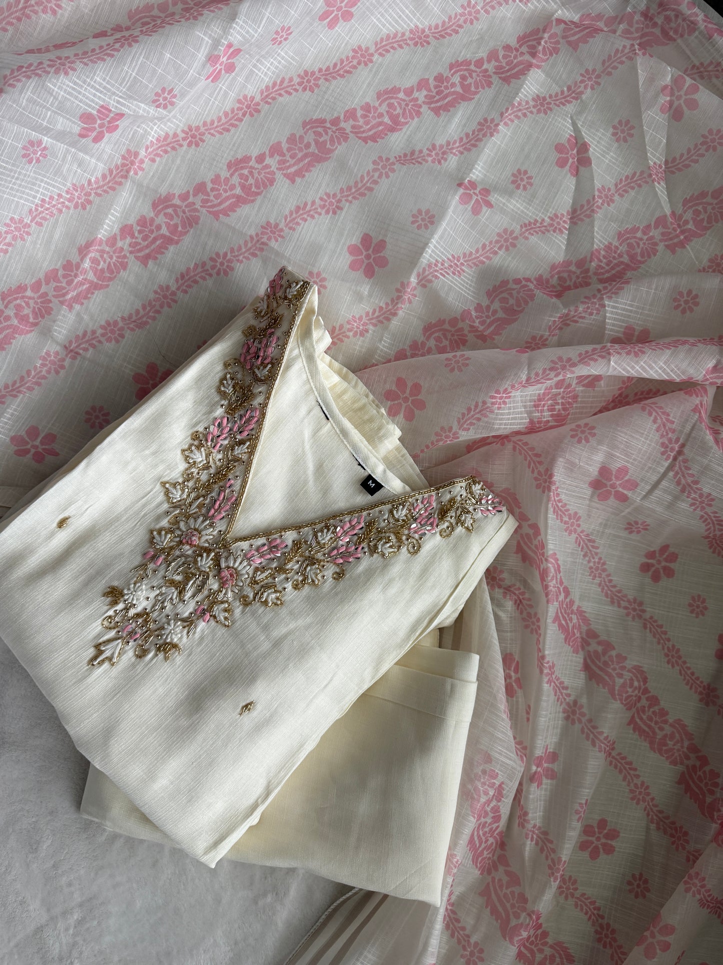 Ivory shade vatican silk handwork anarkali kurti set with floral dupatta