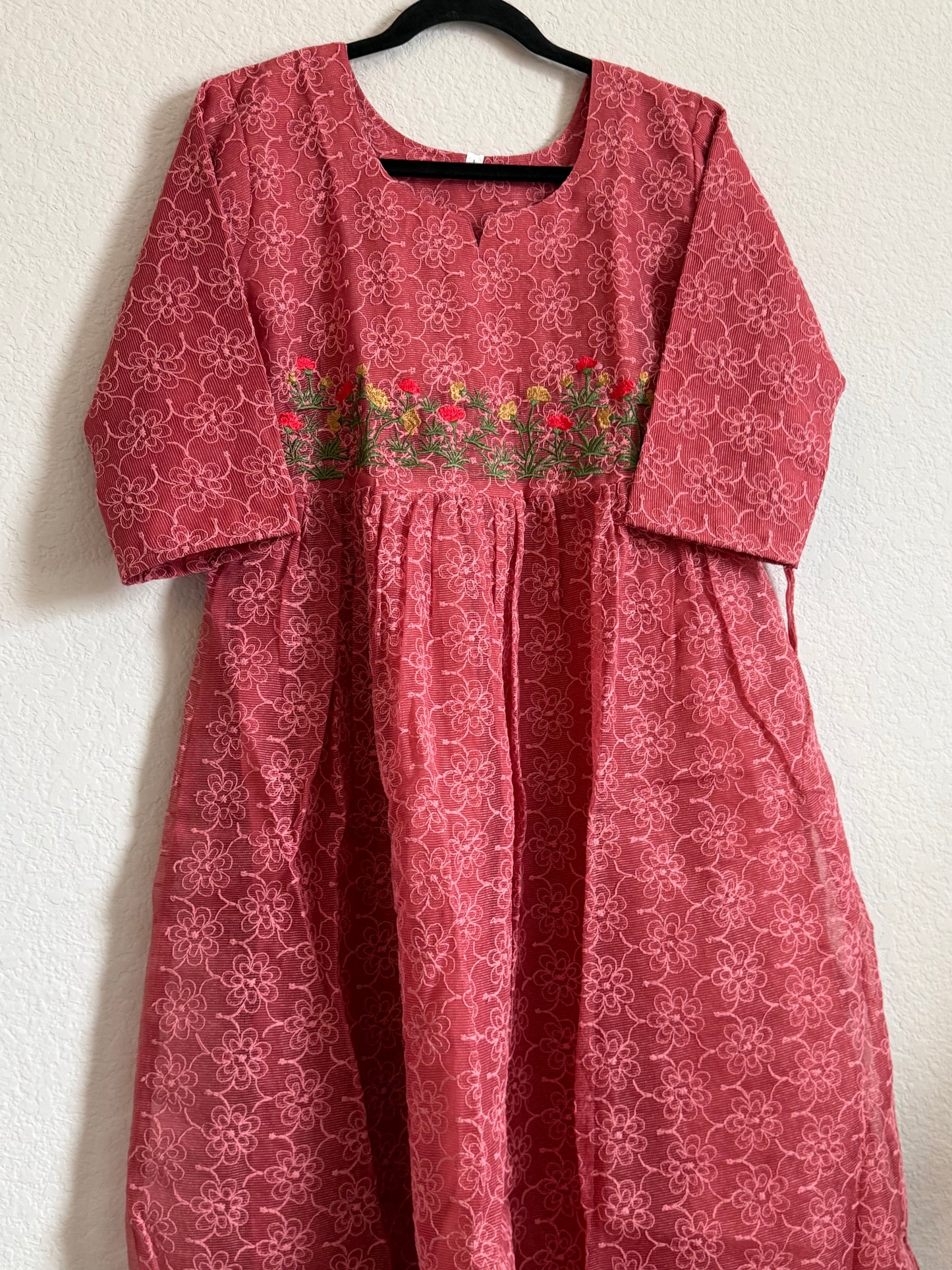Peach Net Kota Embroidered Frock