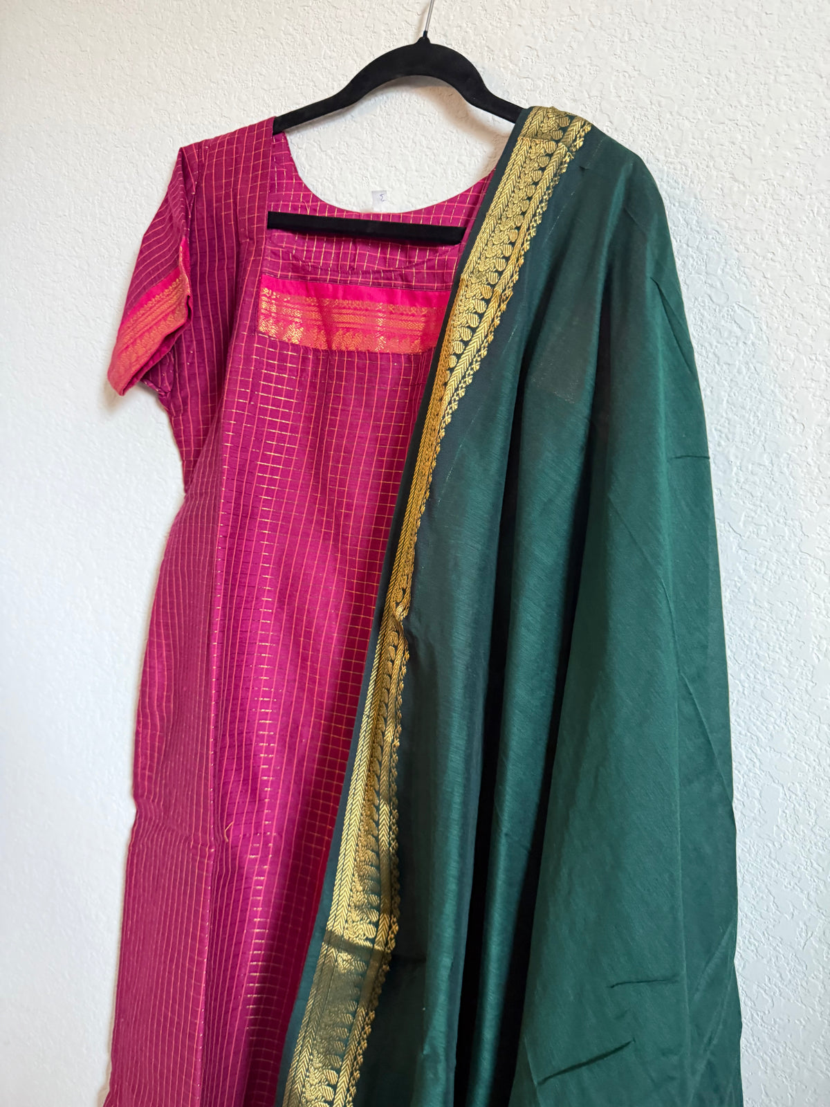 Pink with Green Handloom Checks Top and Dupatta Set
