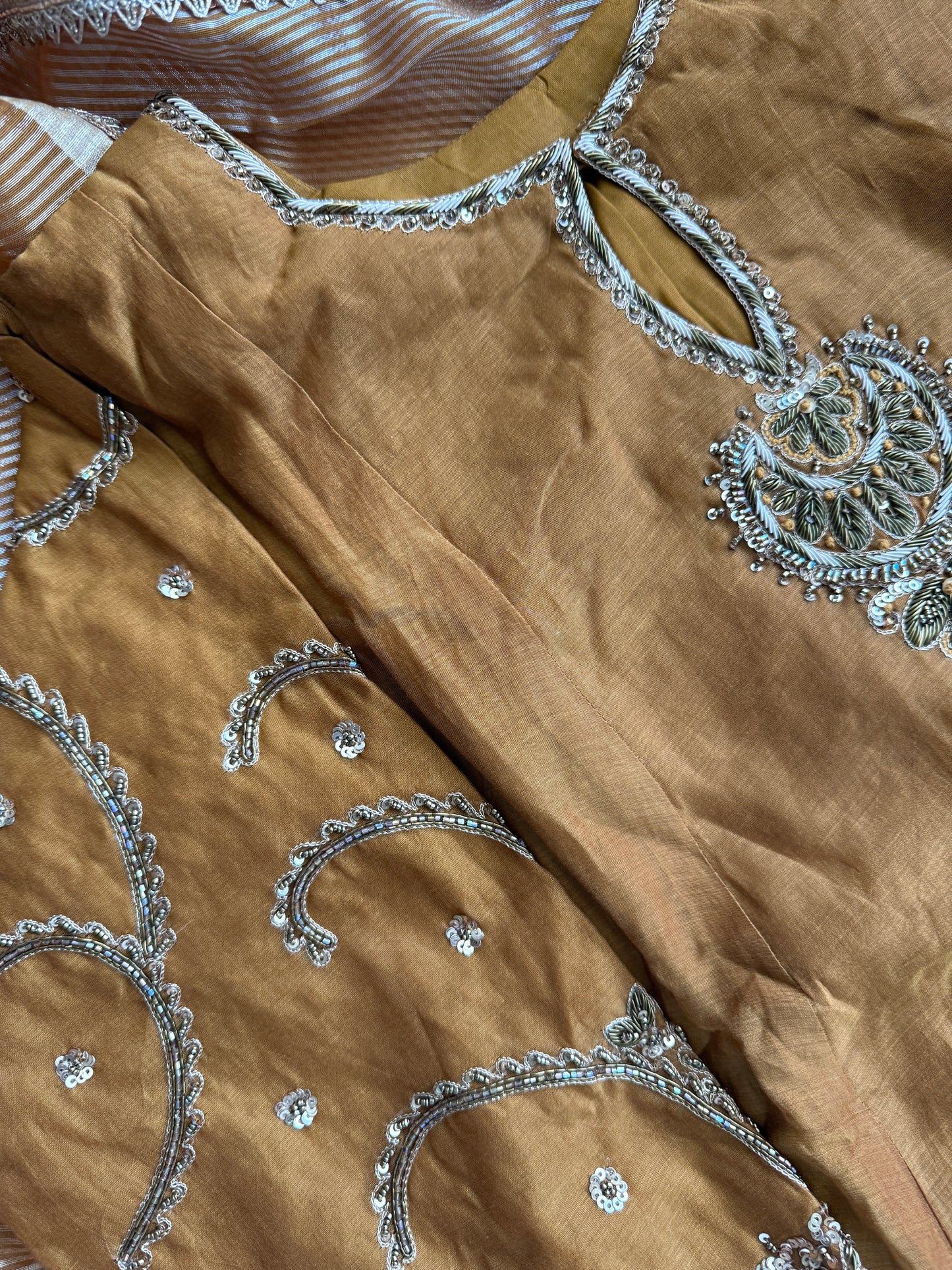 Coffee Brown Shade pure mul chanderi handwork suit set with tissue dupatta