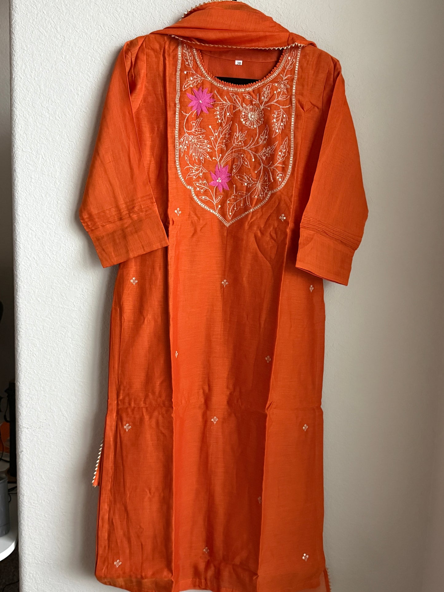 Rust Orange Mul Chanderi Straight Cut Kurti Set with Dupatta – Elegant Party & Festive Wear