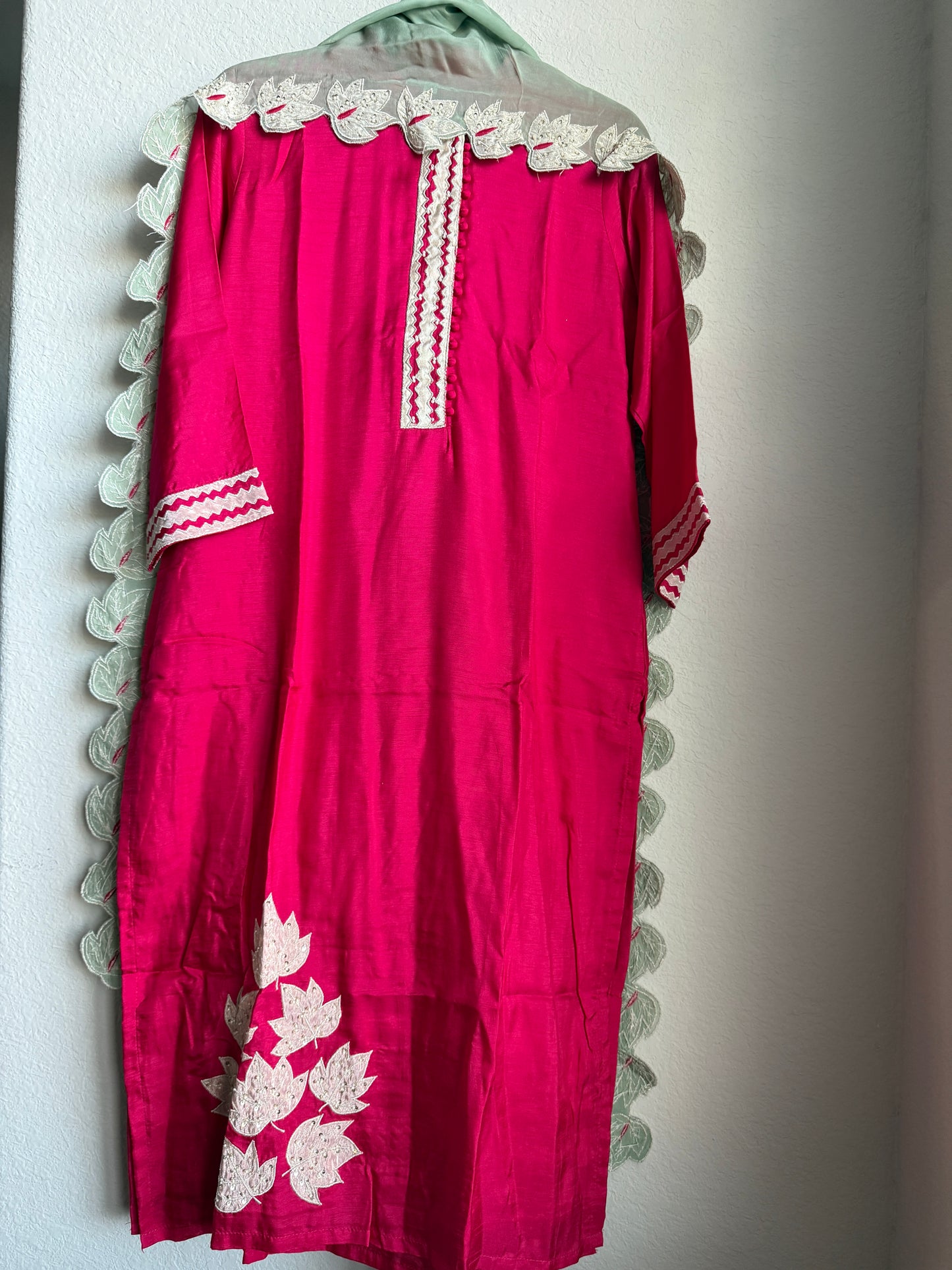 Pink applique straight cut kurti set with mint green applique cut work dupatta
