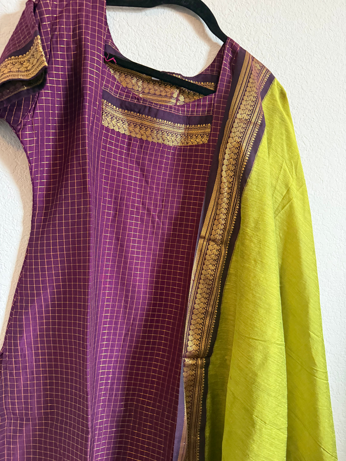 Magenta with Parrot Green Handloom Checks Top and Dupatta Set