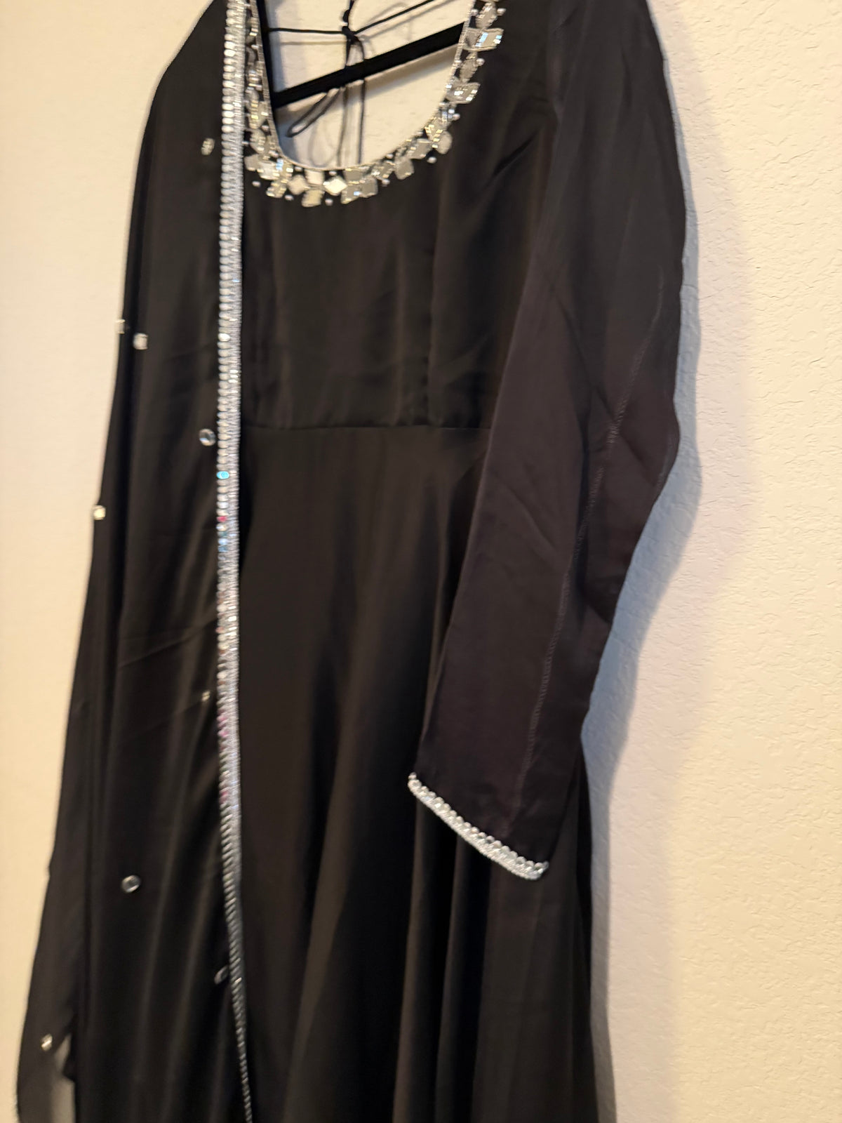Black Mirror Work Georgette Heavy Flared Anarkali Set - Top and Dupatta