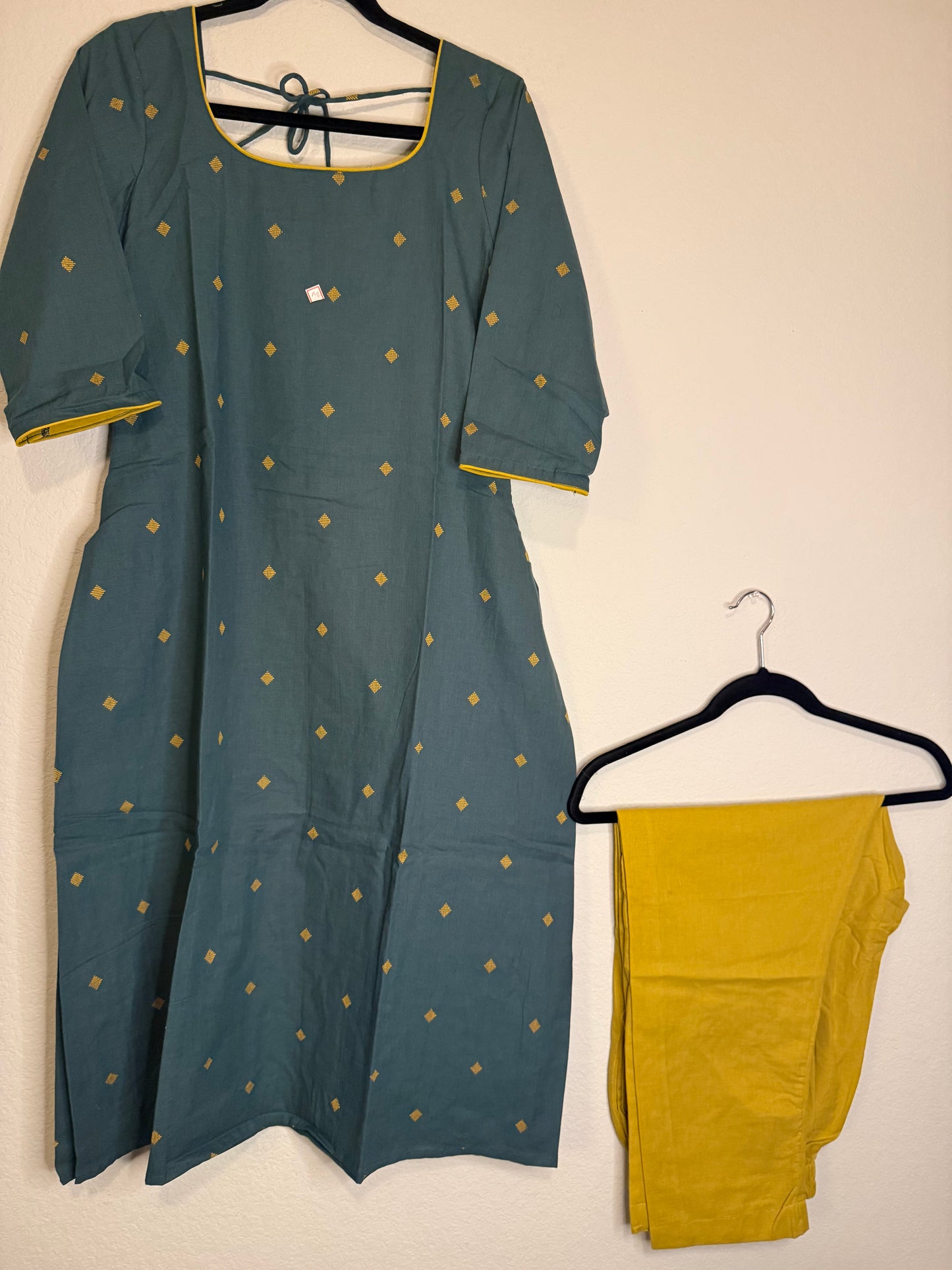 Green and Yellow Cotton A-line Customized Coord Set