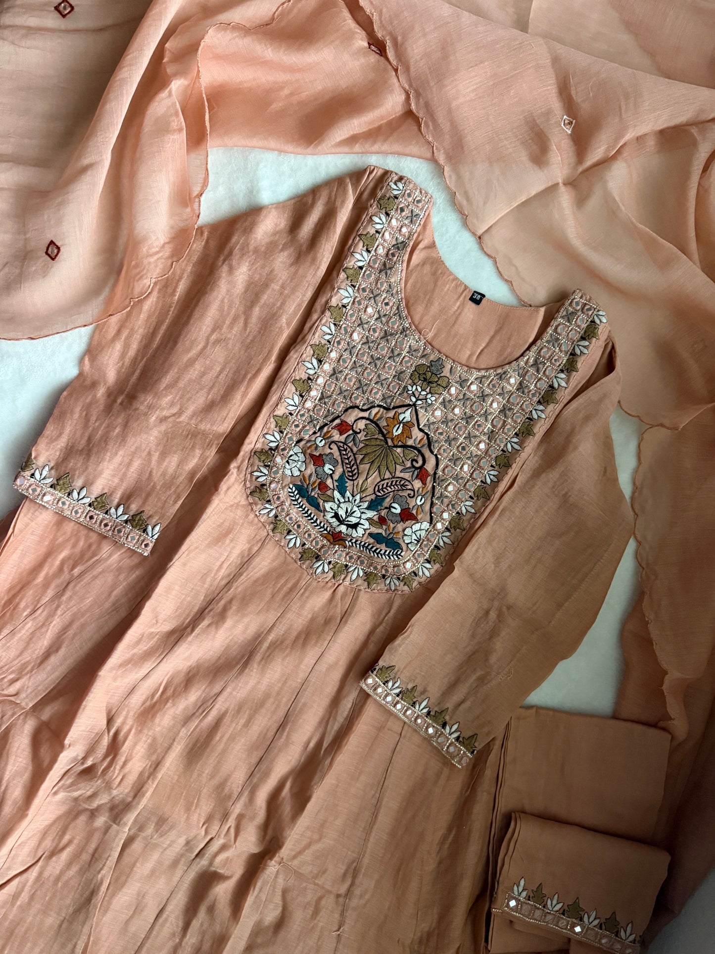 Peach shade pure mul chanderi embroidered anarkali set