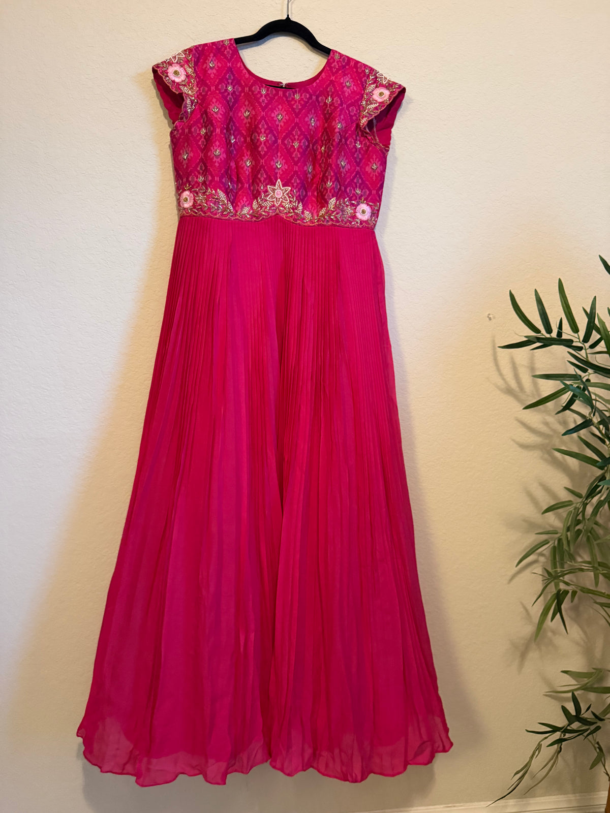 Pink Raw Silk Ikkath Maggam Work Designer Long Dress with Short Sleeve