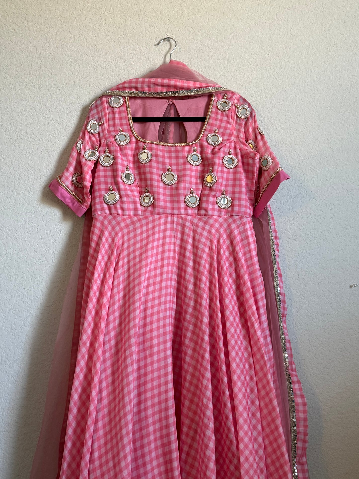 Light Pink checks heavy mirror work anarkali set - top with dupatta