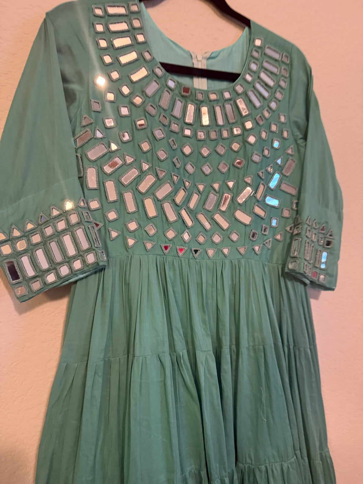 Teal Mirror Work Heavy Flared Anarkali Long Dress