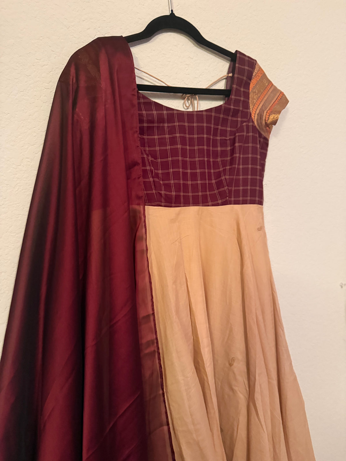 Premium Cream and Maroon Cotton Traditional Anarkali Set - Top and Dupatta