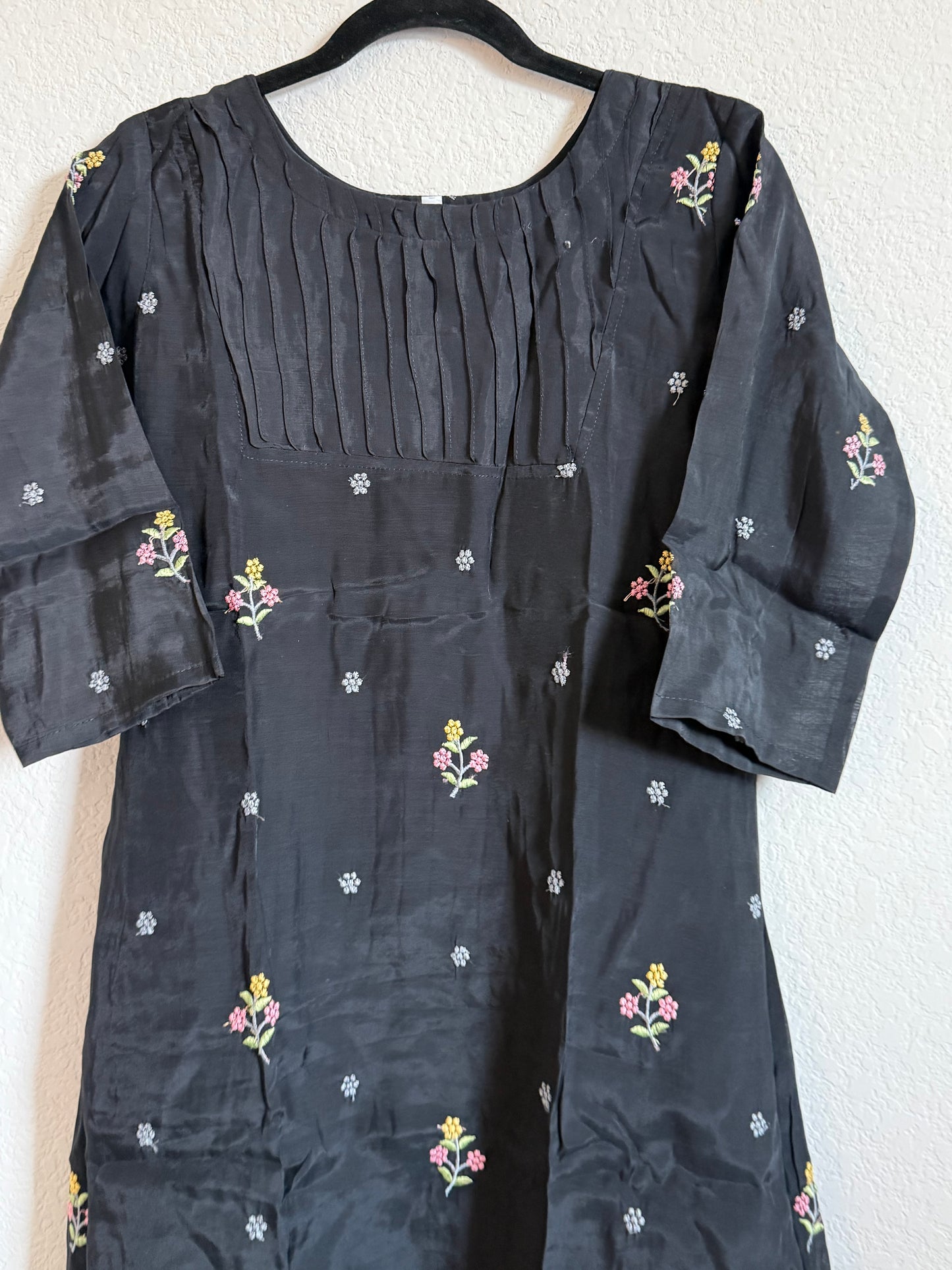 Black Floral Embroidered Mul Chanderi A-line Kurti