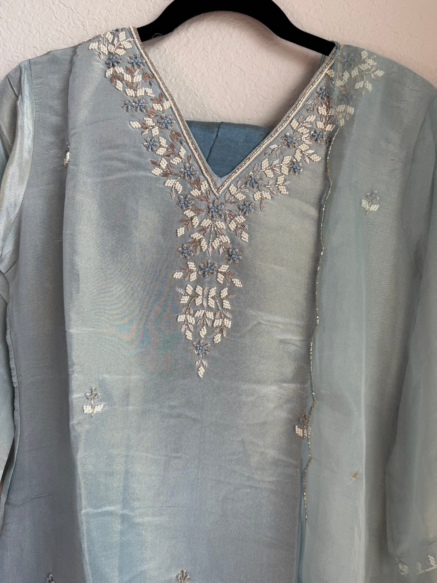 Sea blue pure tissue handwork butties A-line suit set