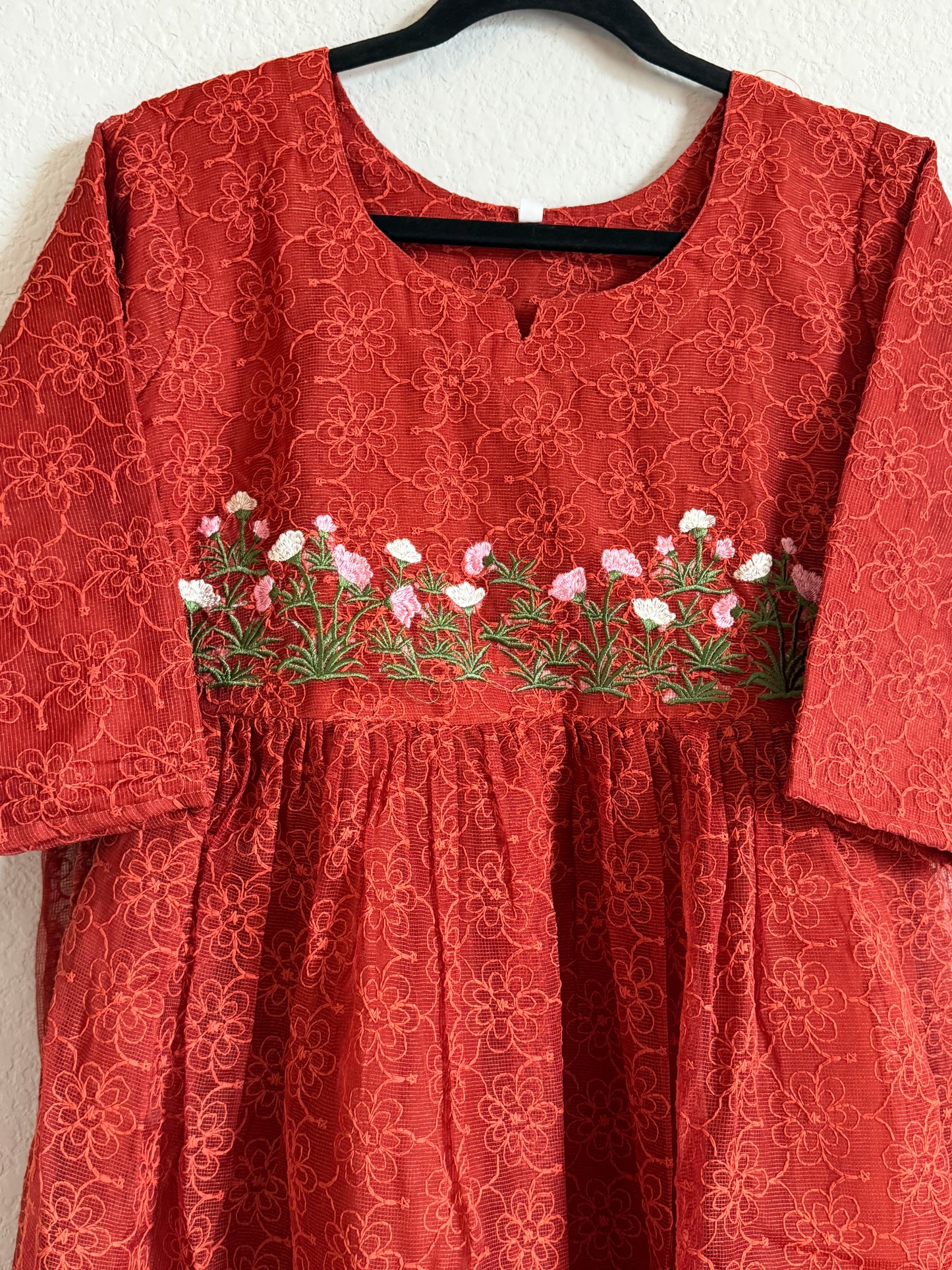 Rust Orange Net Kota Embroidered Frock