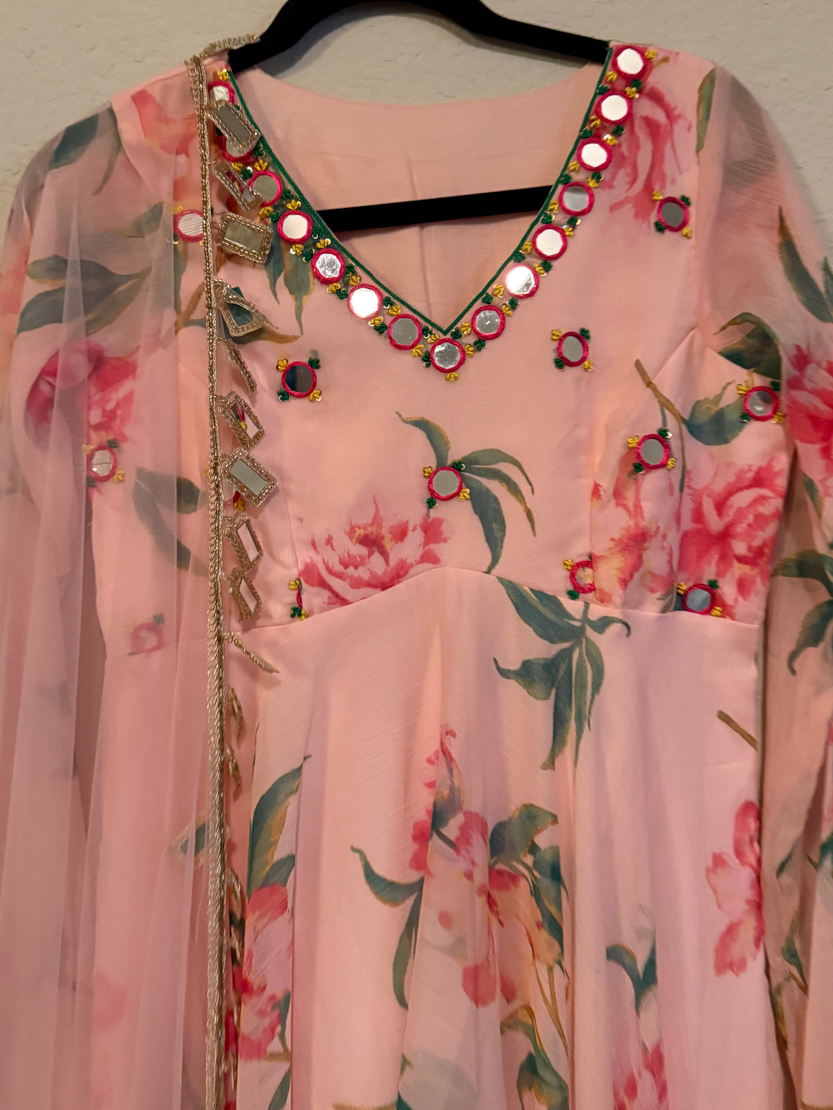 Peachish Pink Shade Soft Georgette Heavy Flared Floral Mirror Work Anarkali Set - Top and Dupatta