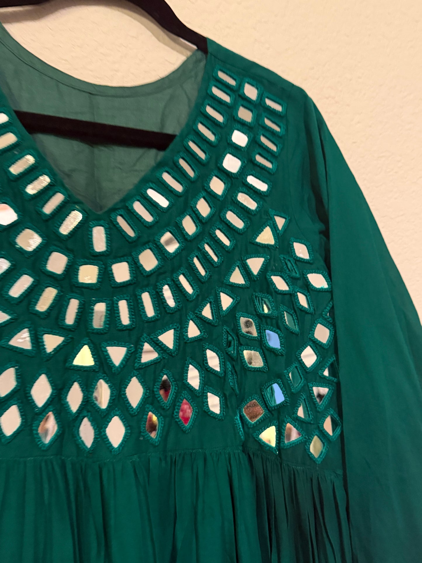 Green Handwork Mirror Work Heavy Flared Anarkali Long Dress