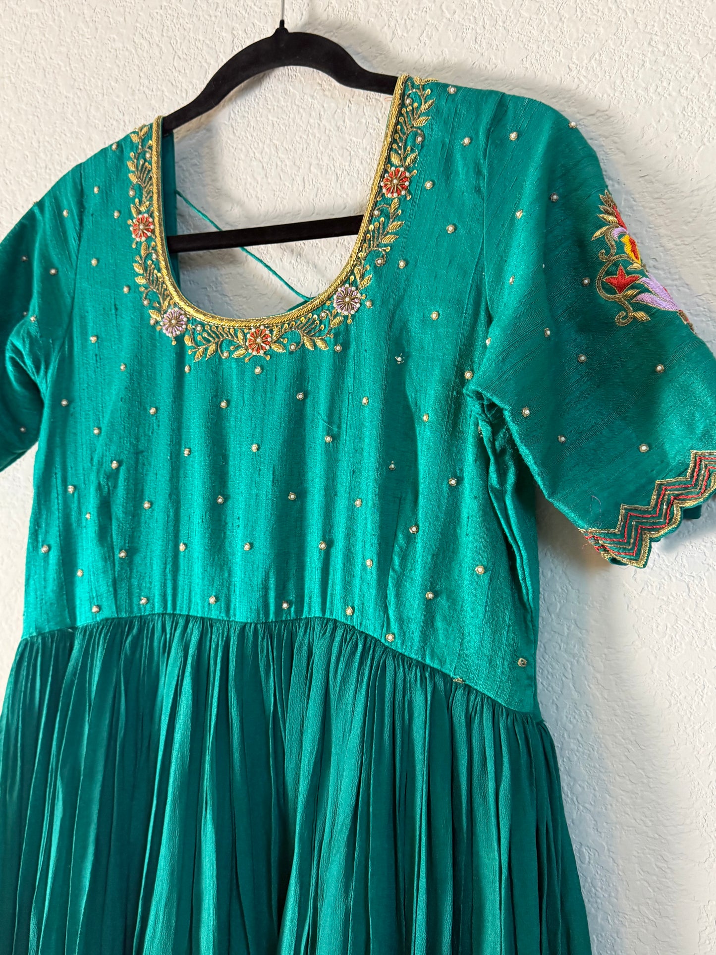 Green Georgette Maggam Work Long Dress