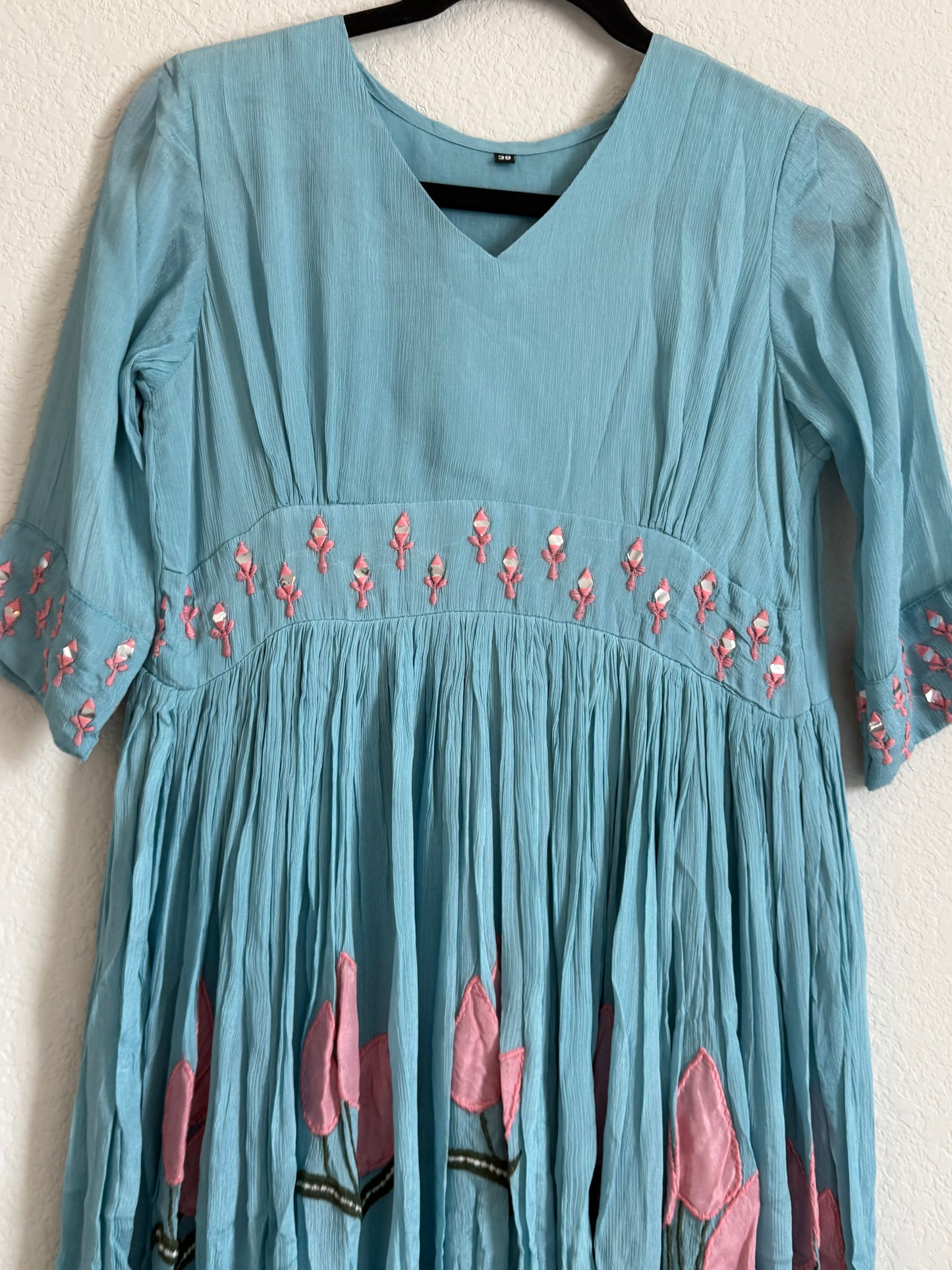Powder Blue Mirror Work Chinnon Applique Tulips Tunic