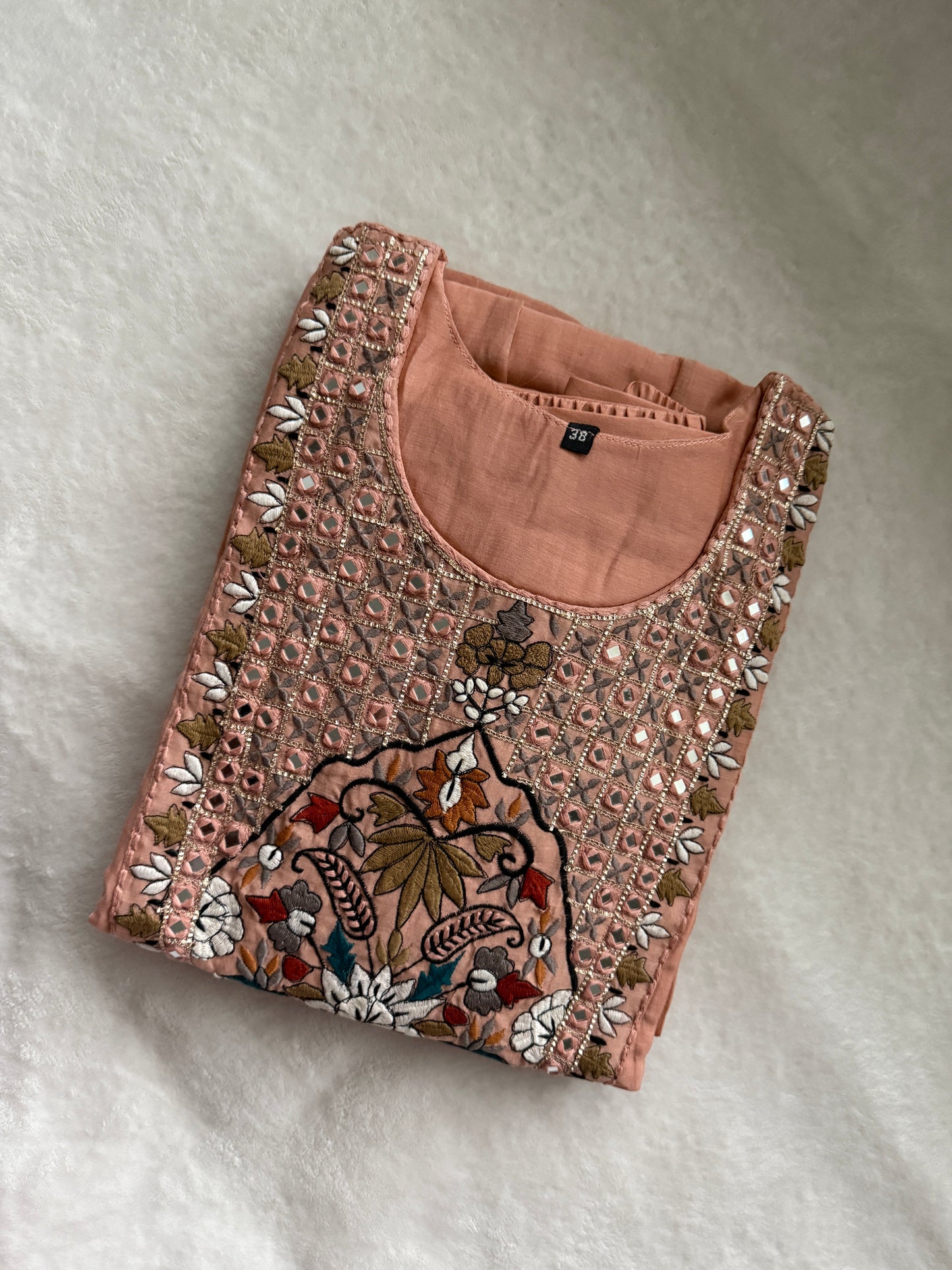 Peach shade pure mul chanderi embroidered anarkali set