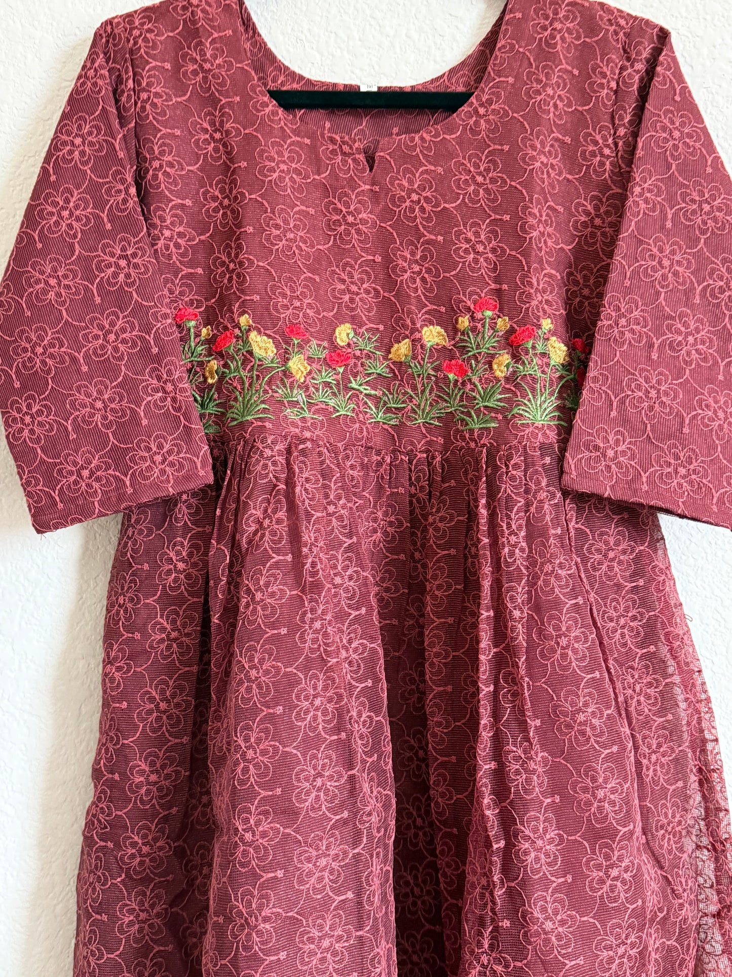 Wine Net Kota Embroidered Frock