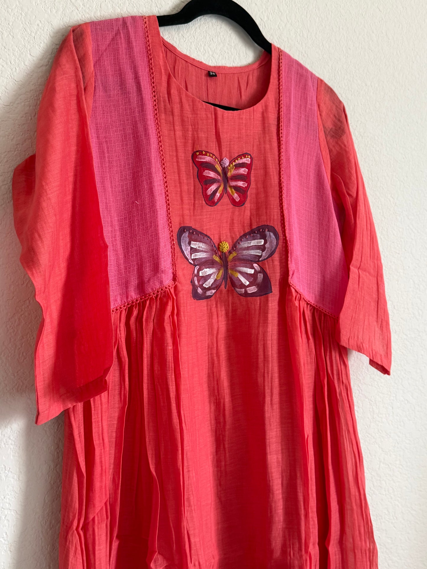 Coral Pink Mul Chanderi Handpainted Butterfly Design Tunic