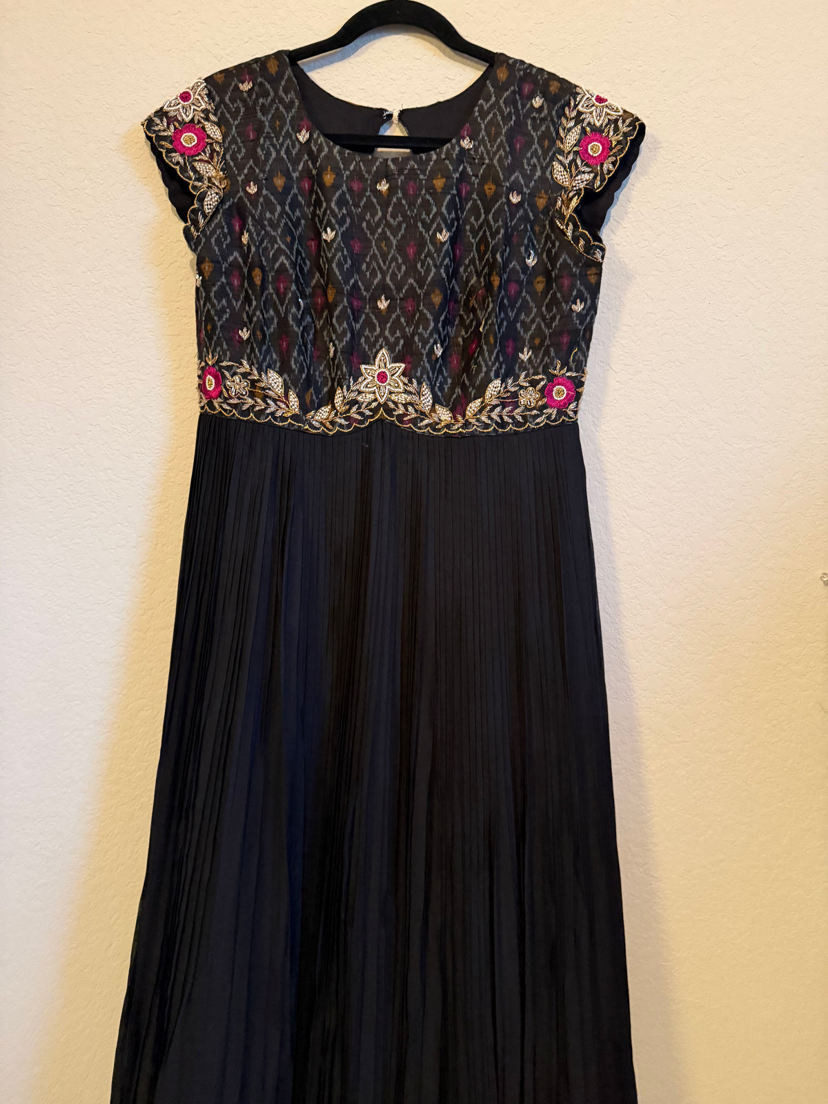 Black Raw Silk Ikkath Maggam Work Designer Long Dress with Short Sleeve