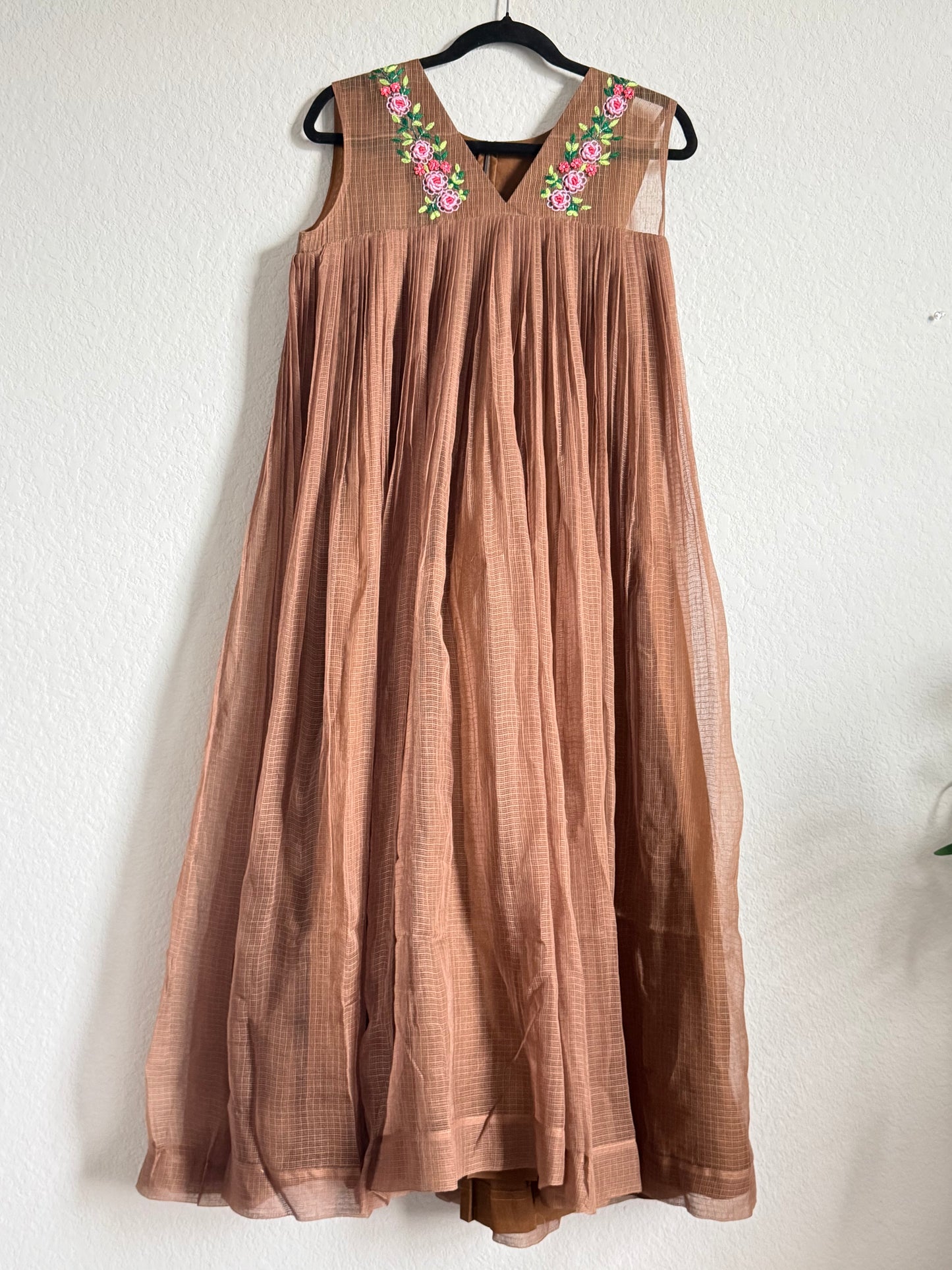 Brown Kota Sleeveless Maggam Work Dress