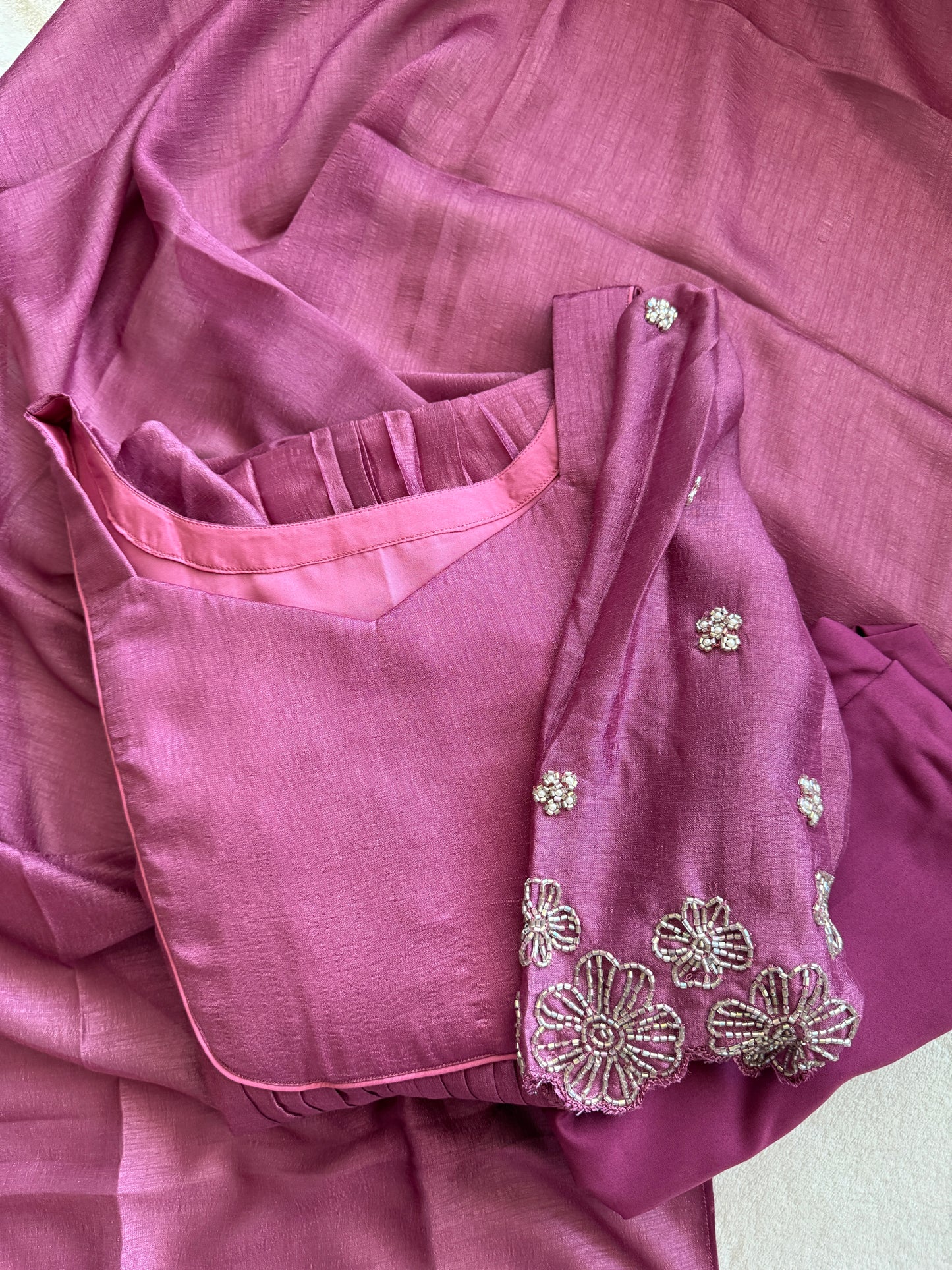 Magenta shade blooming silk handwork pleated anarkali set